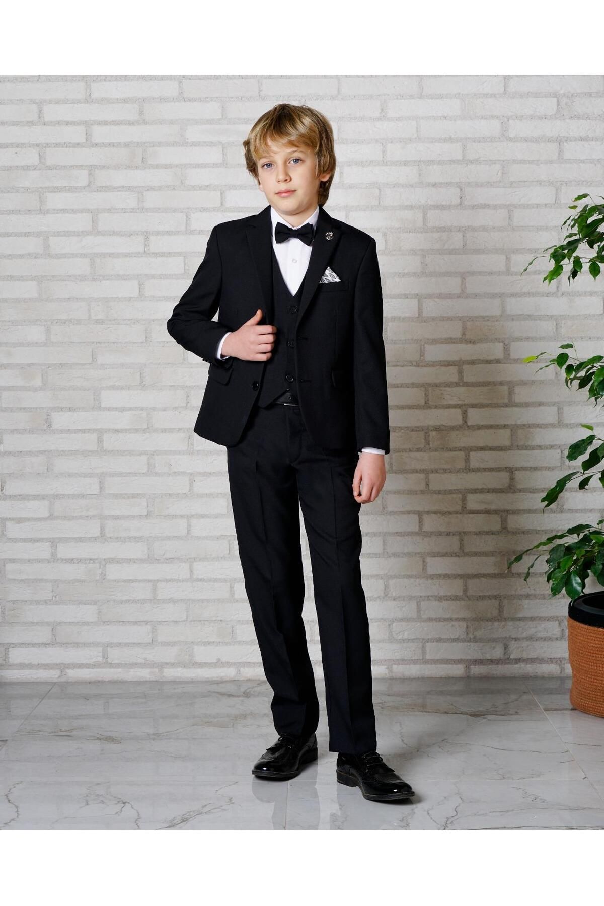 BUTİKHAPPYKİDS-Boy's Suit Black Jacket-Vest-Shirt-Pants-Bow Tie Suit 3-14 Years 1