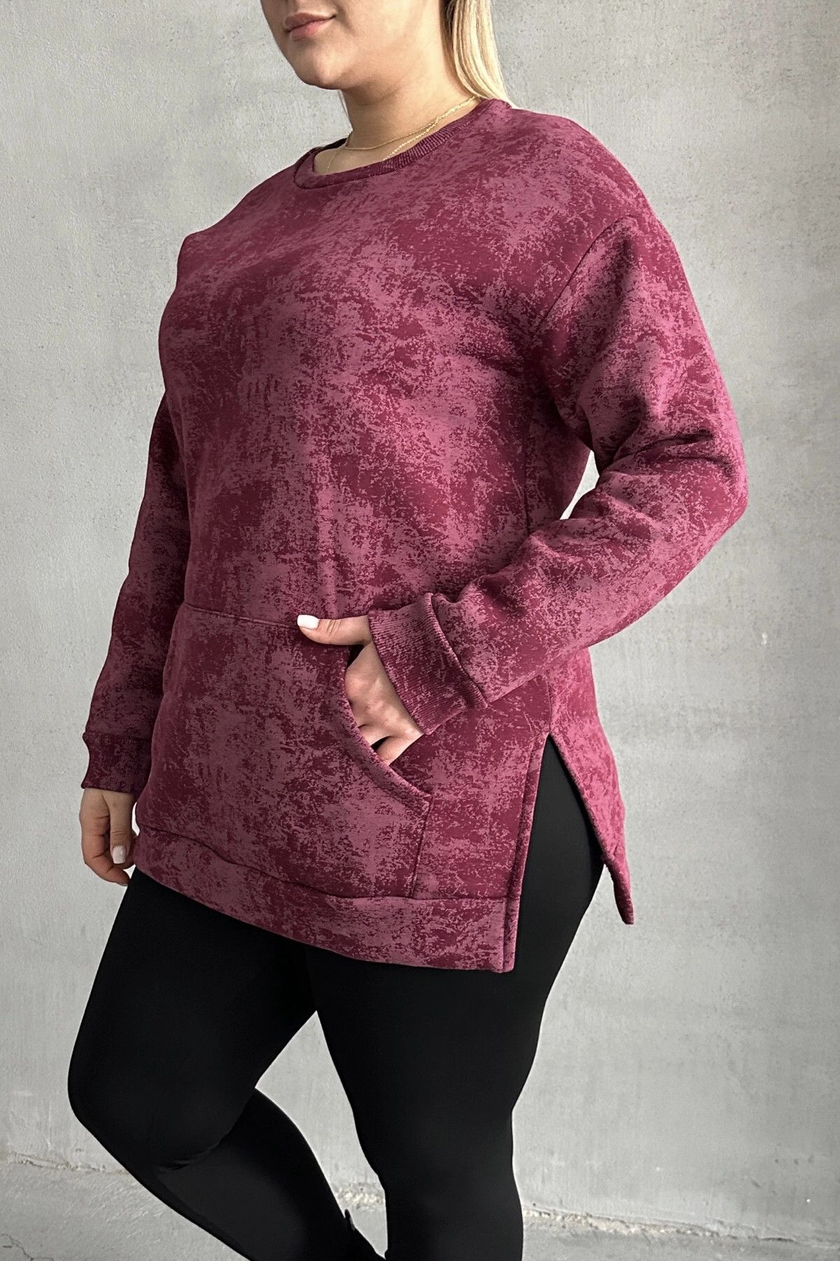 Stil Diva-Plus Size Long Sleeve Crew Neck Print Sweatshirt with Front Pocket 106-78 6