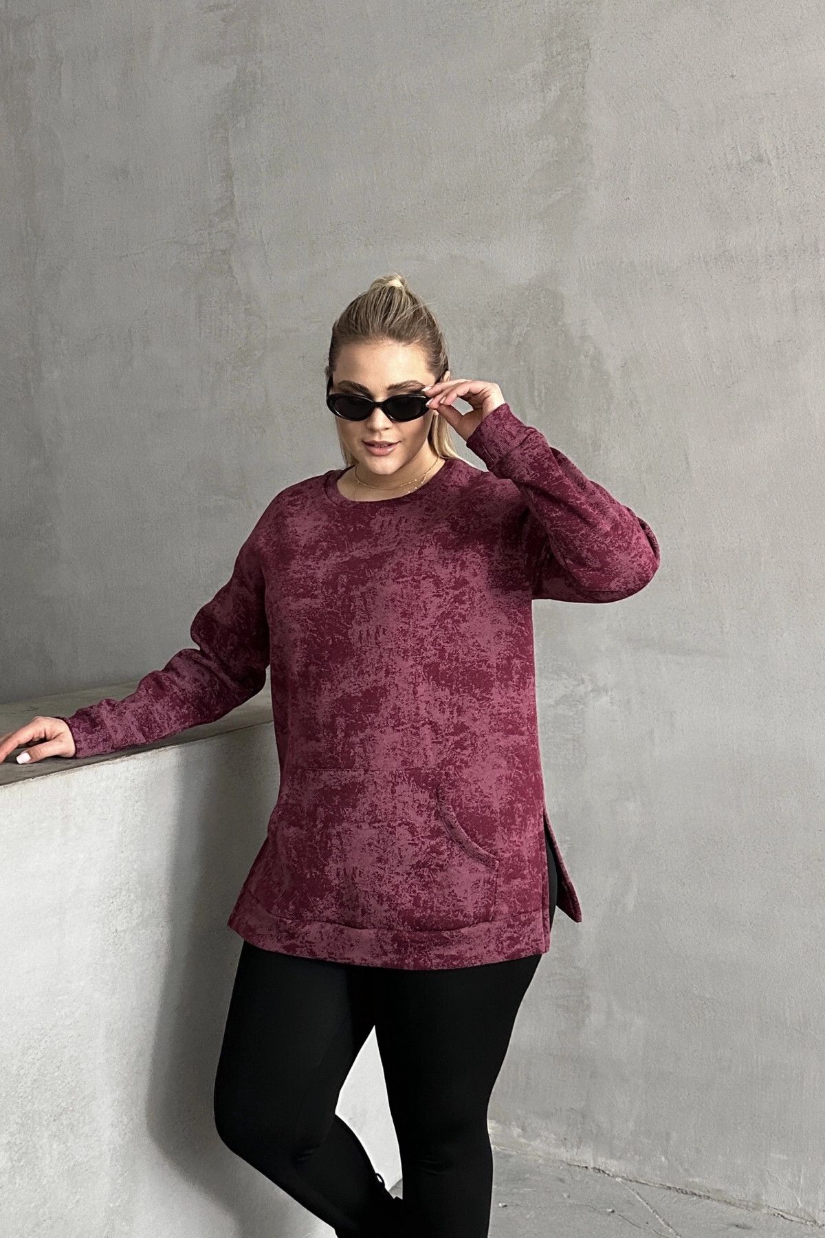 Stil Diva-Plus Size Long Sleeve Crew Neck Print Sweatshirt with Front Pocket 106-78 2