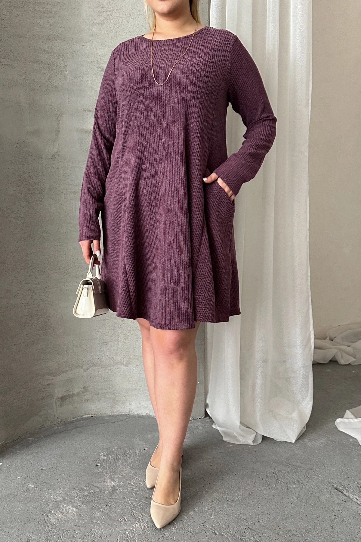 Stil Diva-Plus Size Long Sleeve Crew Neck Pocket Ribbed Dress 100-186 6