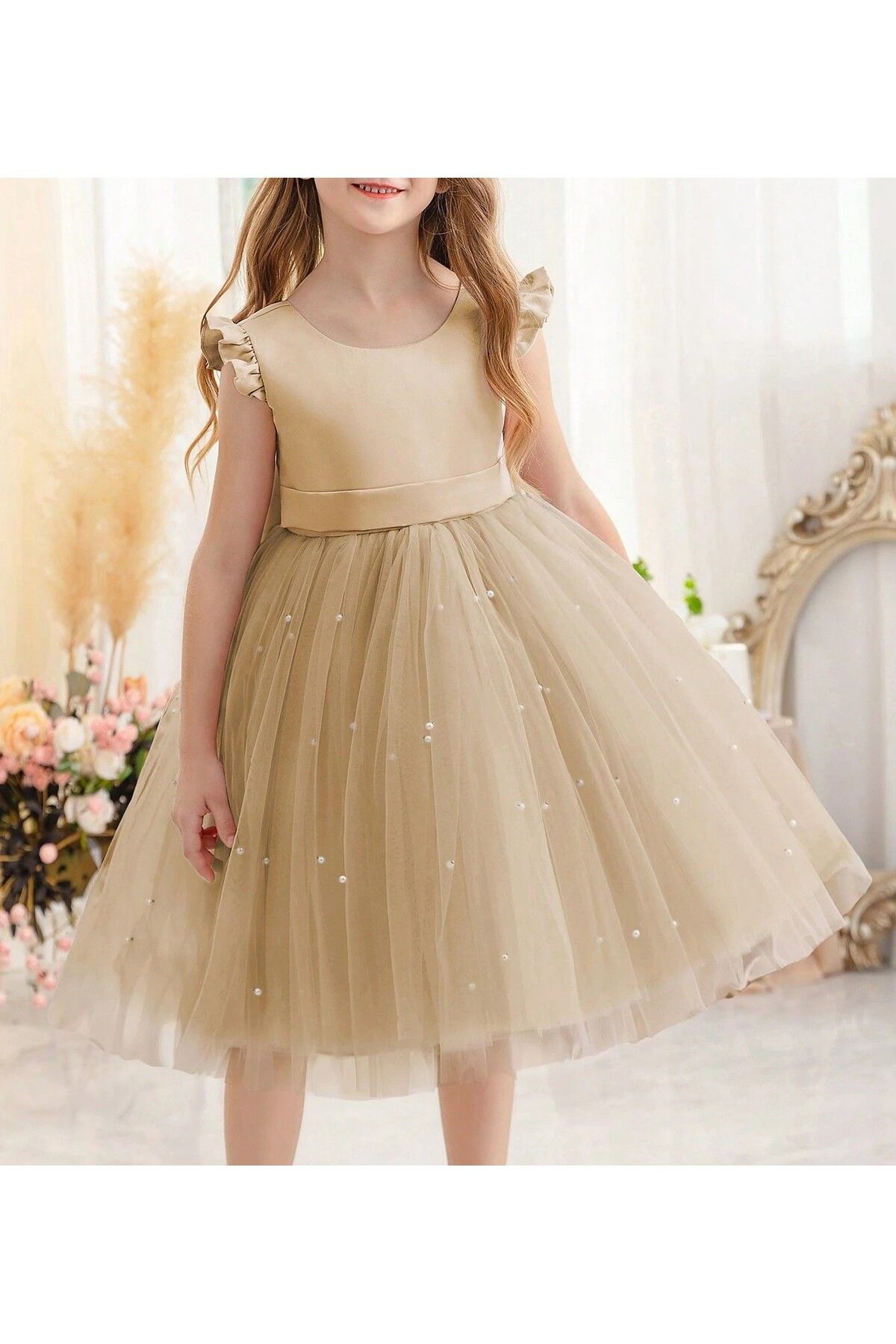 HSNLİFE-Girl's Tan Pearl Dress Graduation Birthday Special Occasion Evening Dress 1