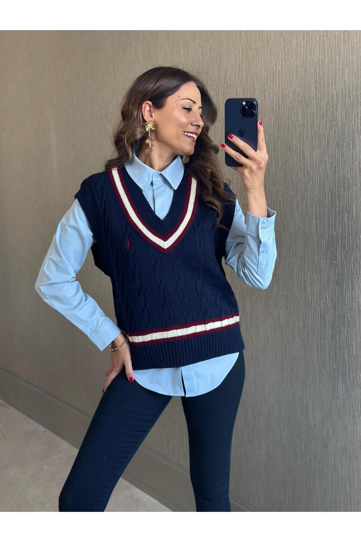 Forlady4-Navy Blue Stripe Detail Hair Knitted Women's Knitwear Sweater 2