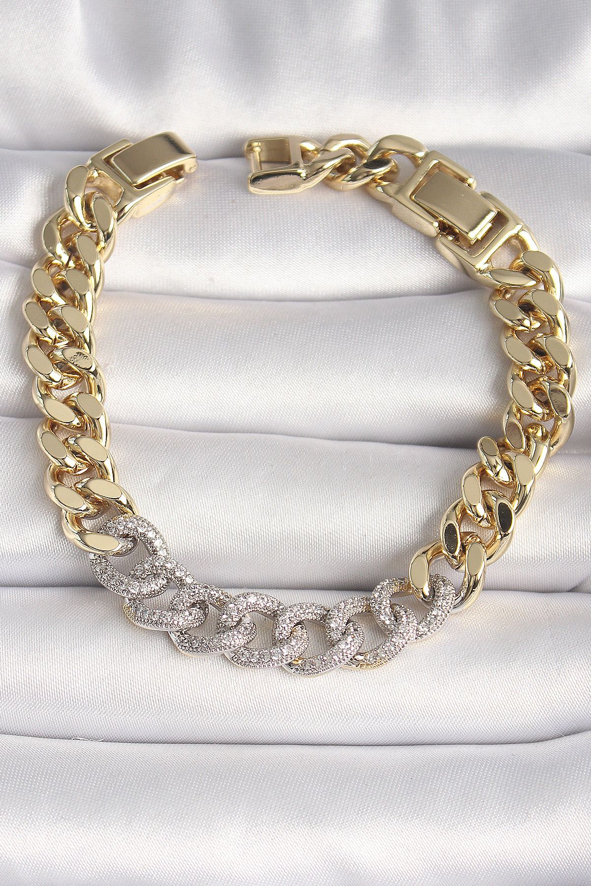 MMB Boutique Pirinç Gold Renk Zirkon Taşlı Halka Zincir Xuping VIP Seri Exculusive Kadın Bileklik