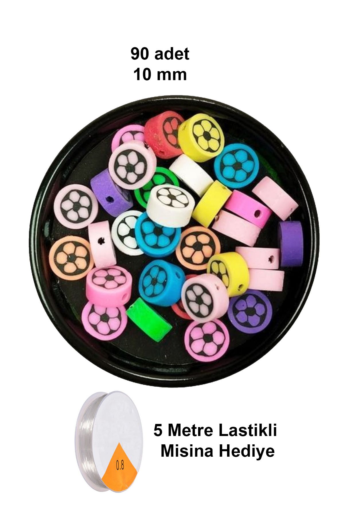 karadağsb 90 Adet 10 Mm Polimer Kil Fimo Boncuk Takı Bileklik + 5 Metre Lastikli Misina Hediye - Renkli Çiçek