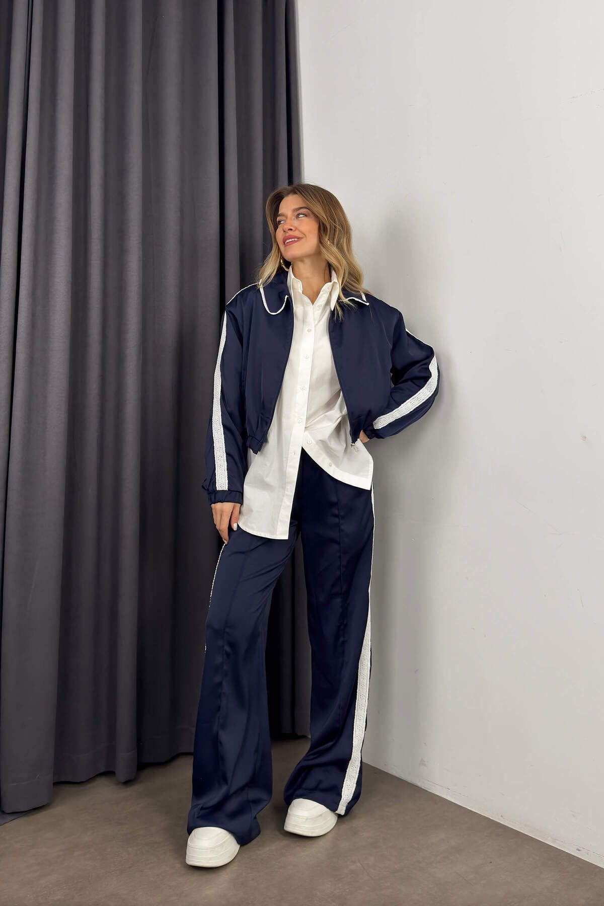 Sue Store-Navy Blue White Lace Detailed Design Tracksuit Set 3