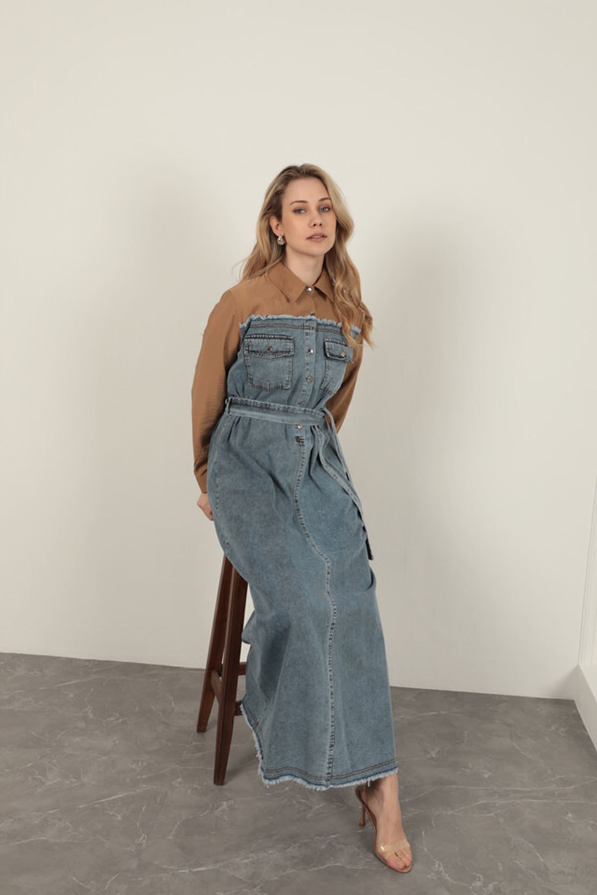 blueb Denim Kumaş Garnili Elbise-Kahve