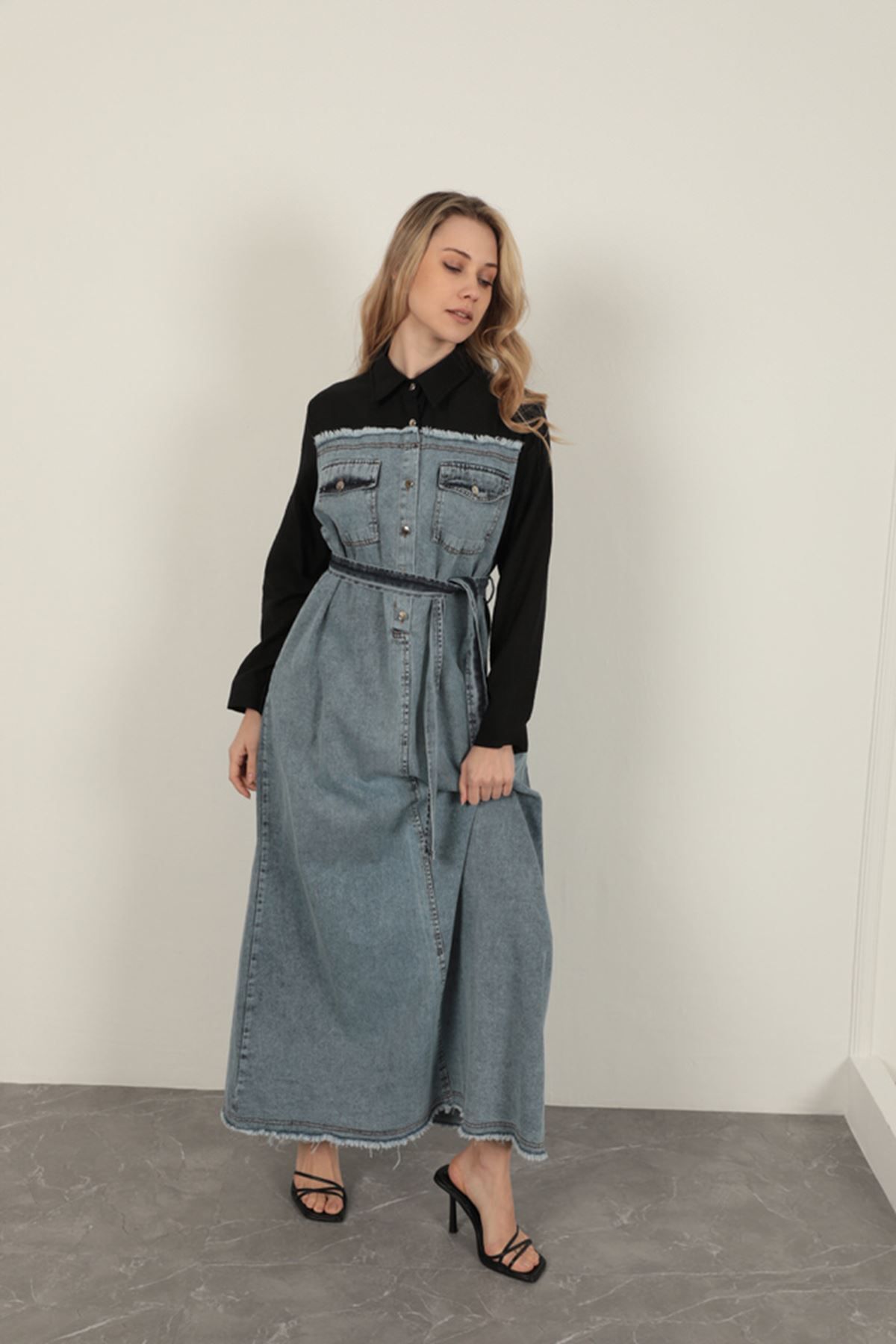 blueb Denim Kumaş Garnili Elbise-Siyah