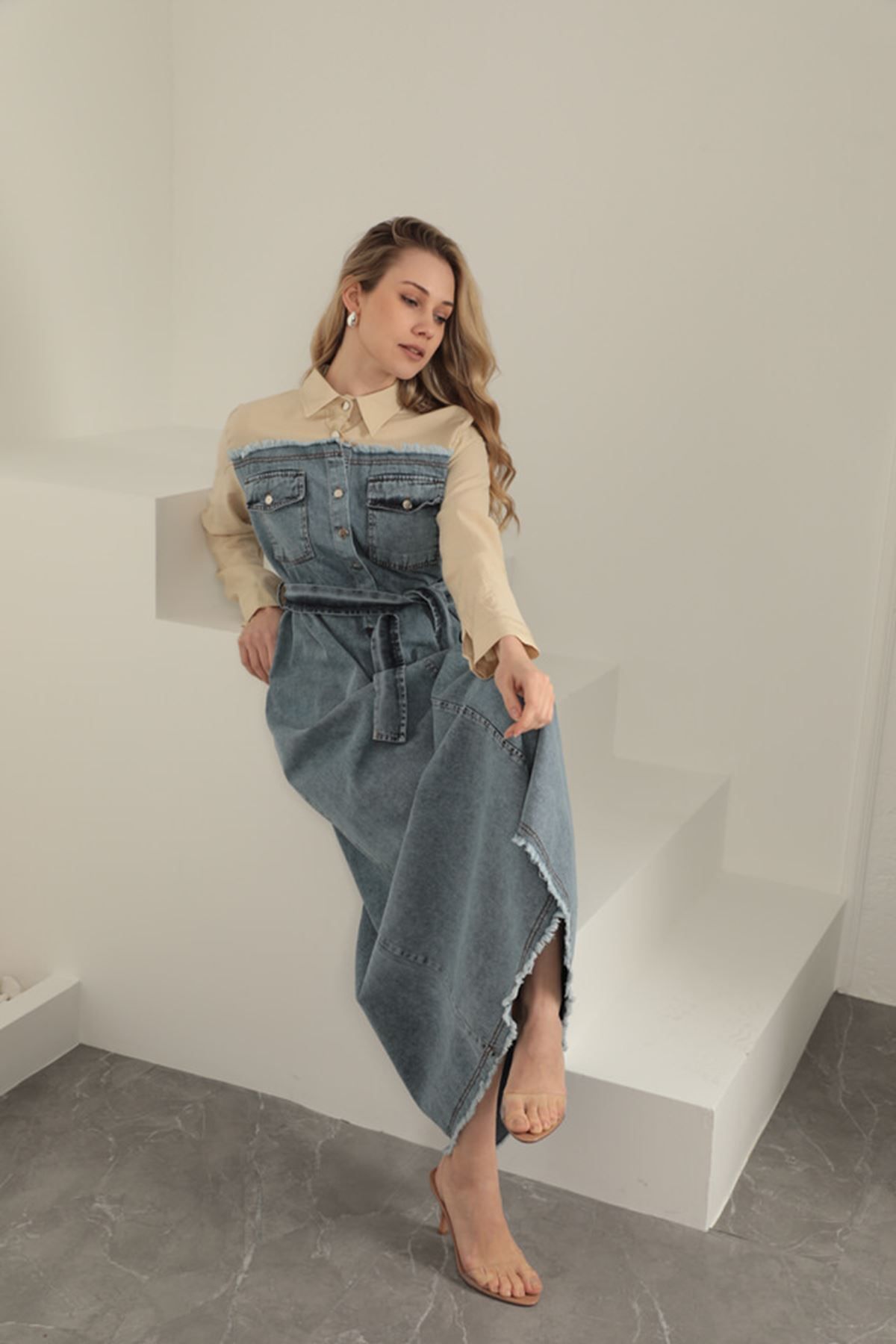 blueb Denim Kumaş Garnili Elbise-Bej
