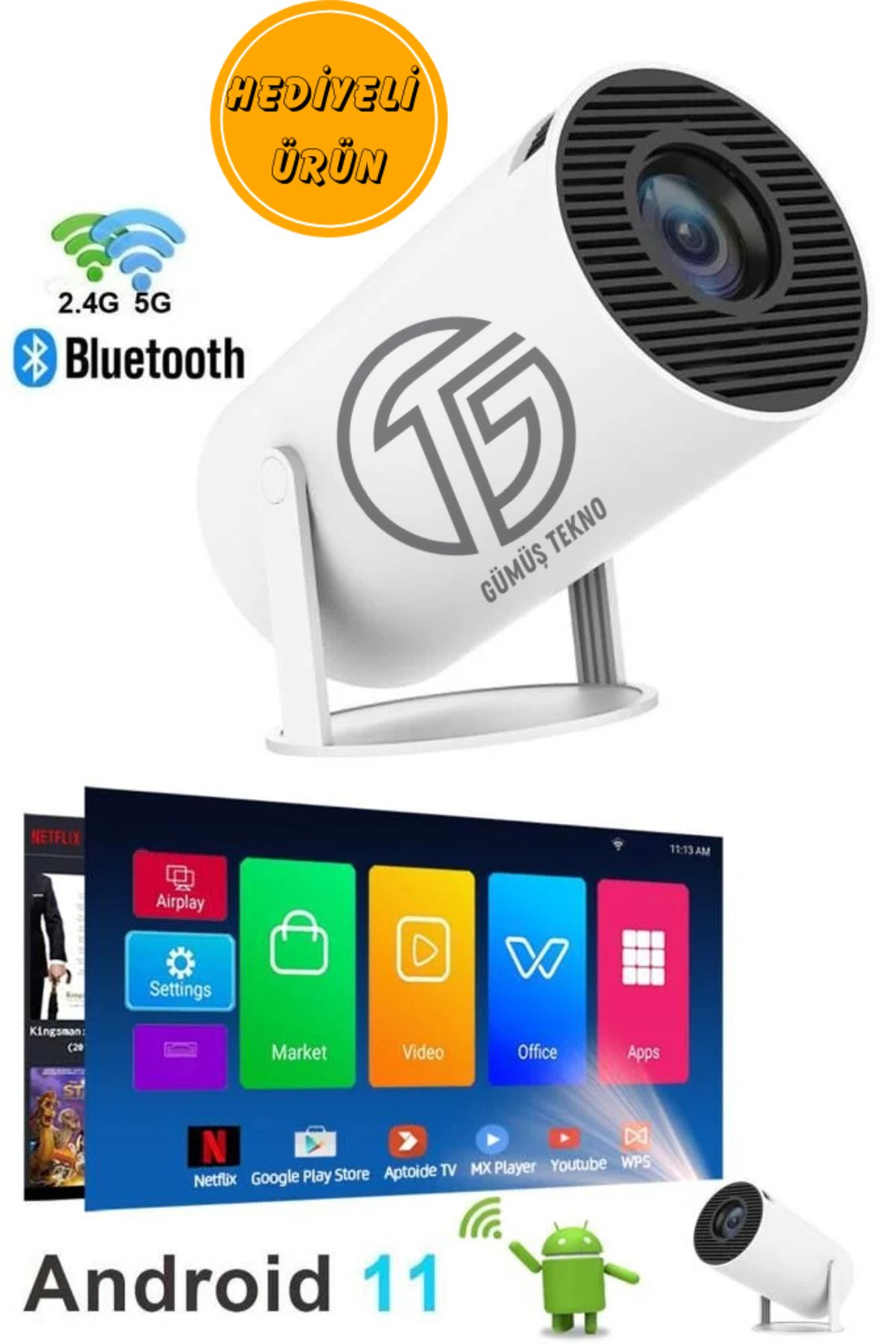 GÜMÜŞTEKNO Taşınabilir Sinema Projektörü Ev Sineması Bluetooth Android 11 Akıllı Projeksiyon Cihazı Wifi