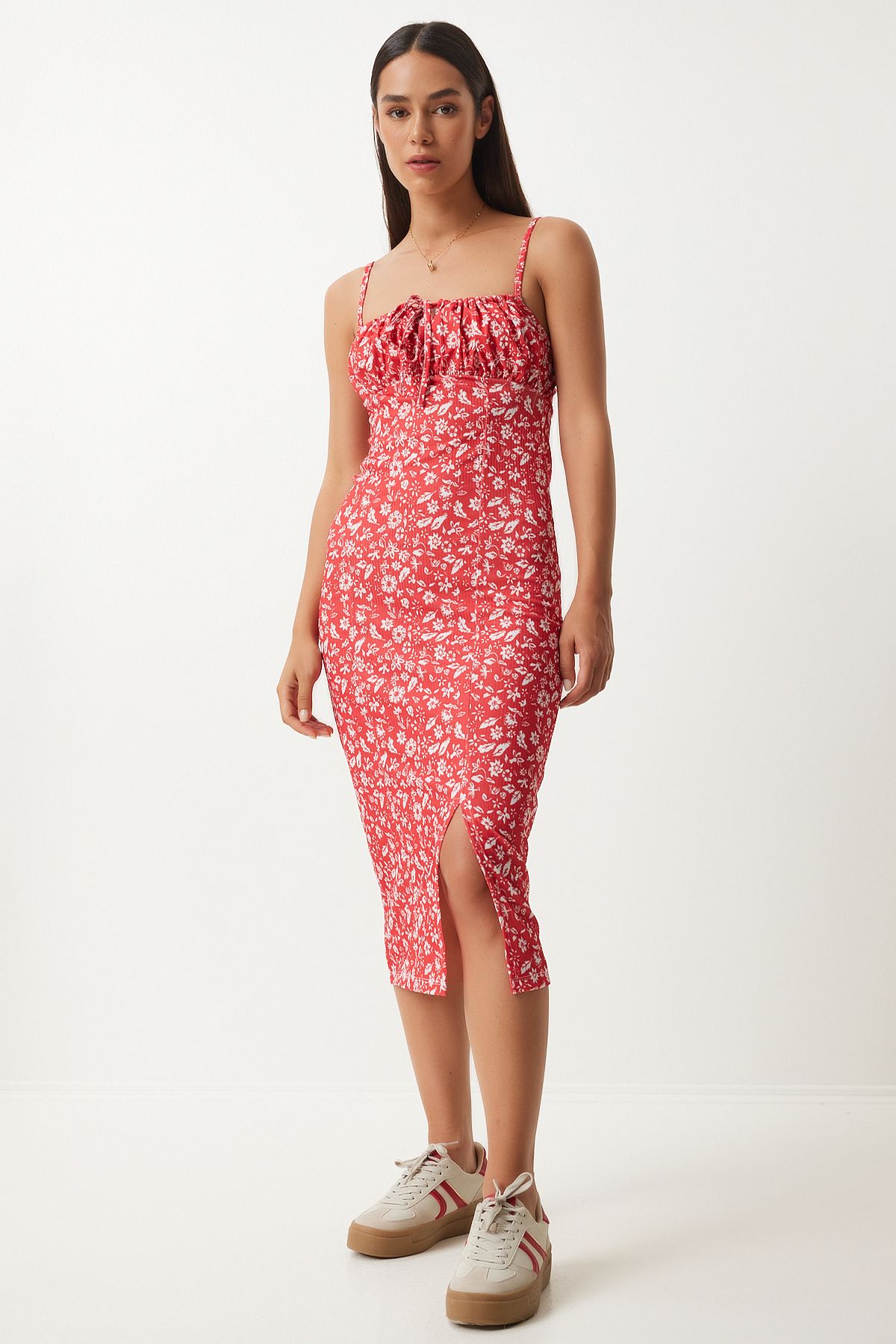 Lovelyİstanbul-Rochie tricotată de vară cu fantă cu imprimeu floral ALB ROSU LCI0003 3