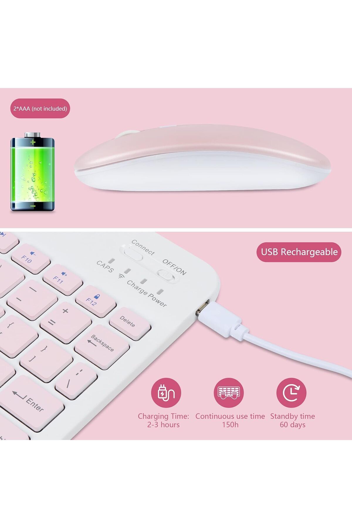fulina-Wireless Keyboard and Mouse Bluetooth,Rechargeable Wireless Mouse Keyboard Set,Pink,10 inch 3