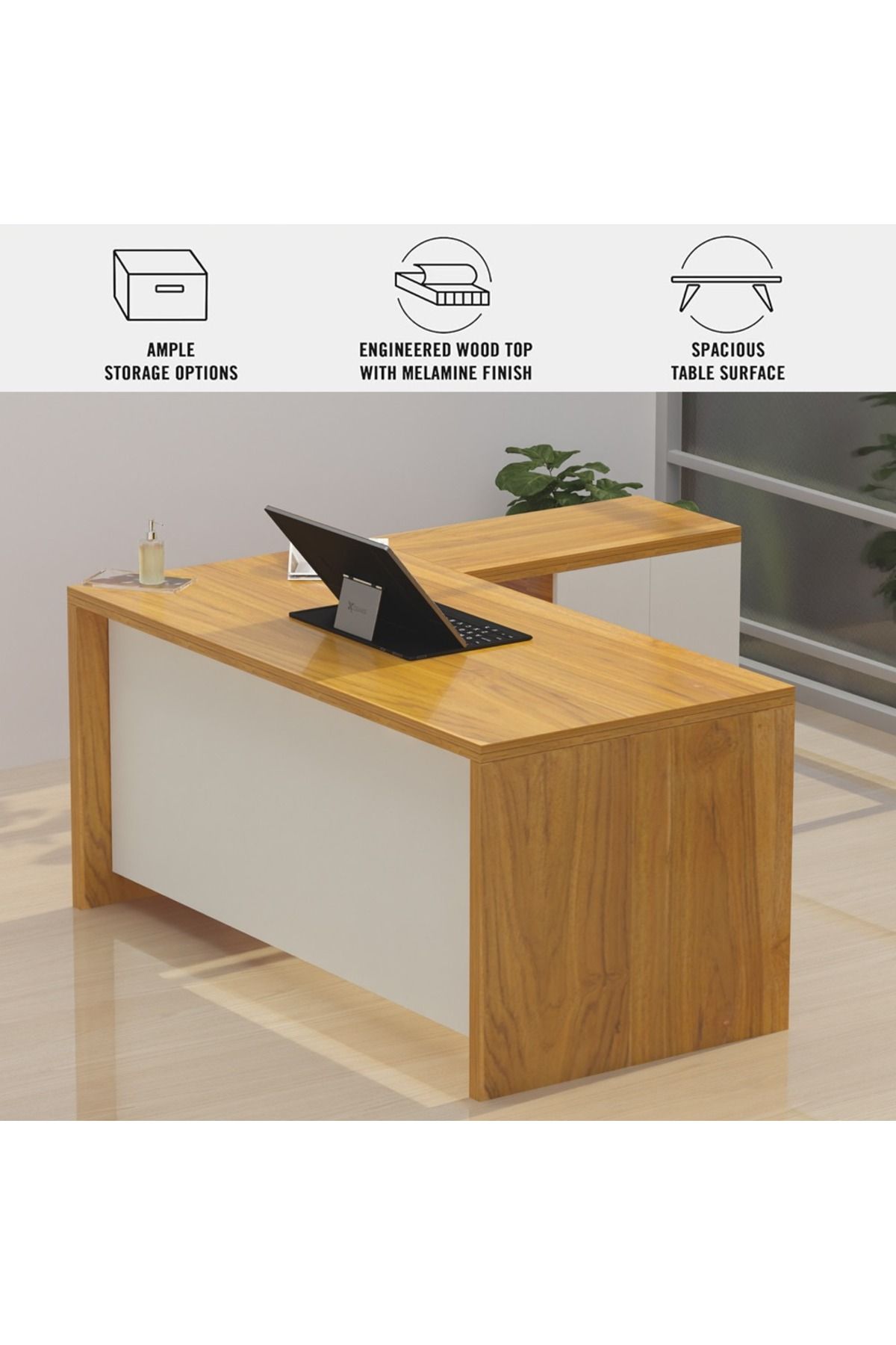 Mahmayi-Noce 1825 L-Shaped Executive Wooden Desk with Melamine Finish-Light Walnut with White 3