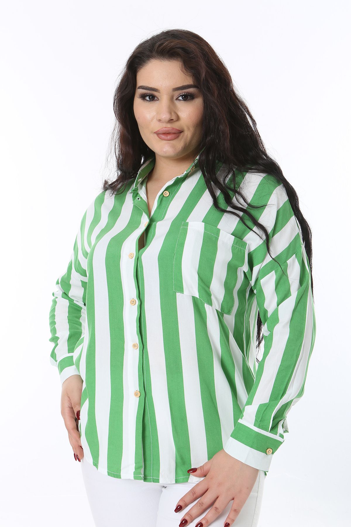 Şans-Women's Plus Size Green Front Button Cuffed Long Sleeve Striped Blouse 65N38751 5