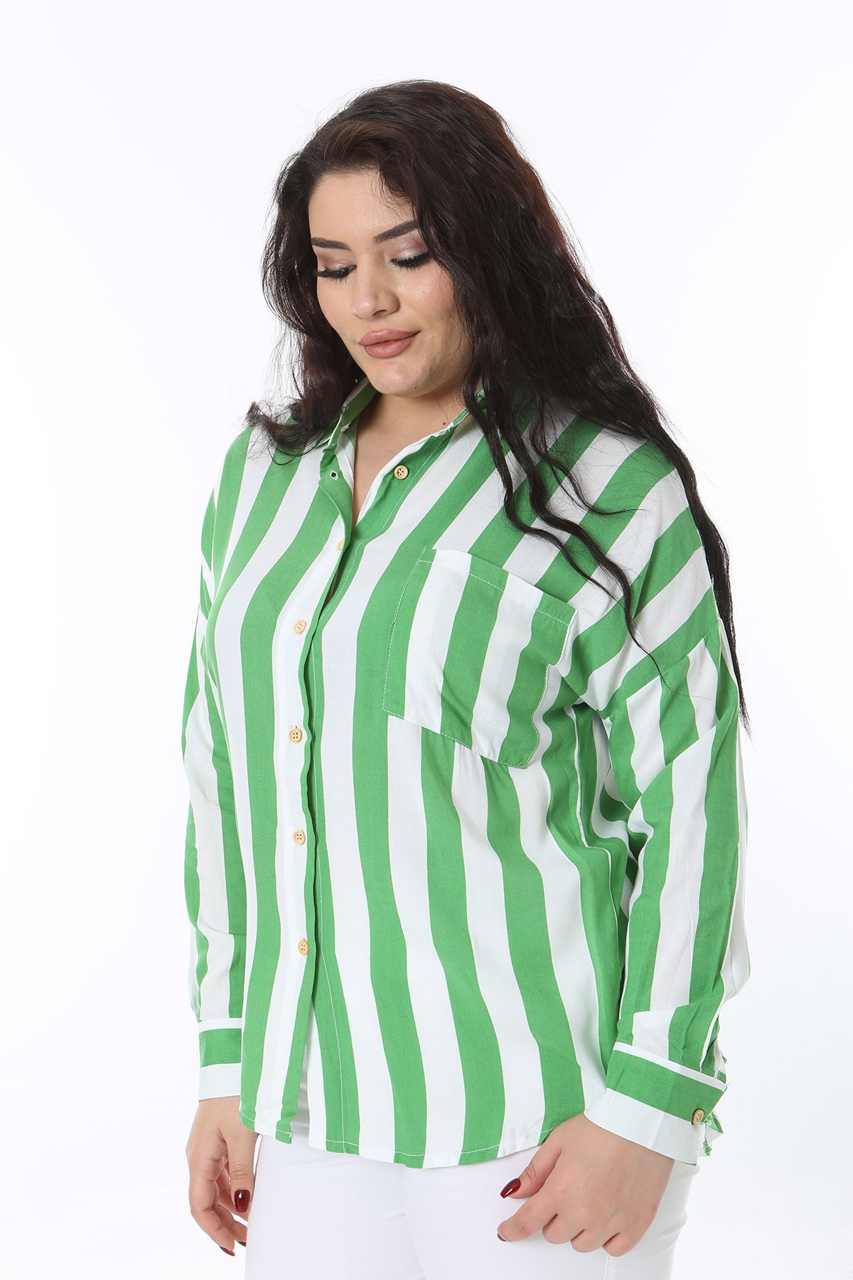 Şans-Women's Plus Size Green Front Button Cuffed Long Sleeve Striped Blouse 65N38751 4