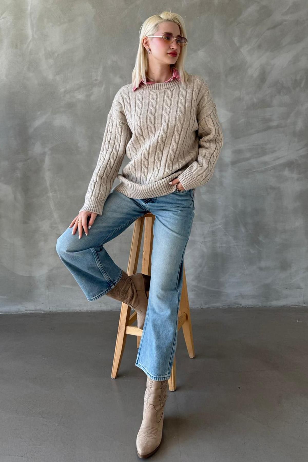 Madmext-Beige Crew Neck Braided Knitwear Sweater Mg2336 4