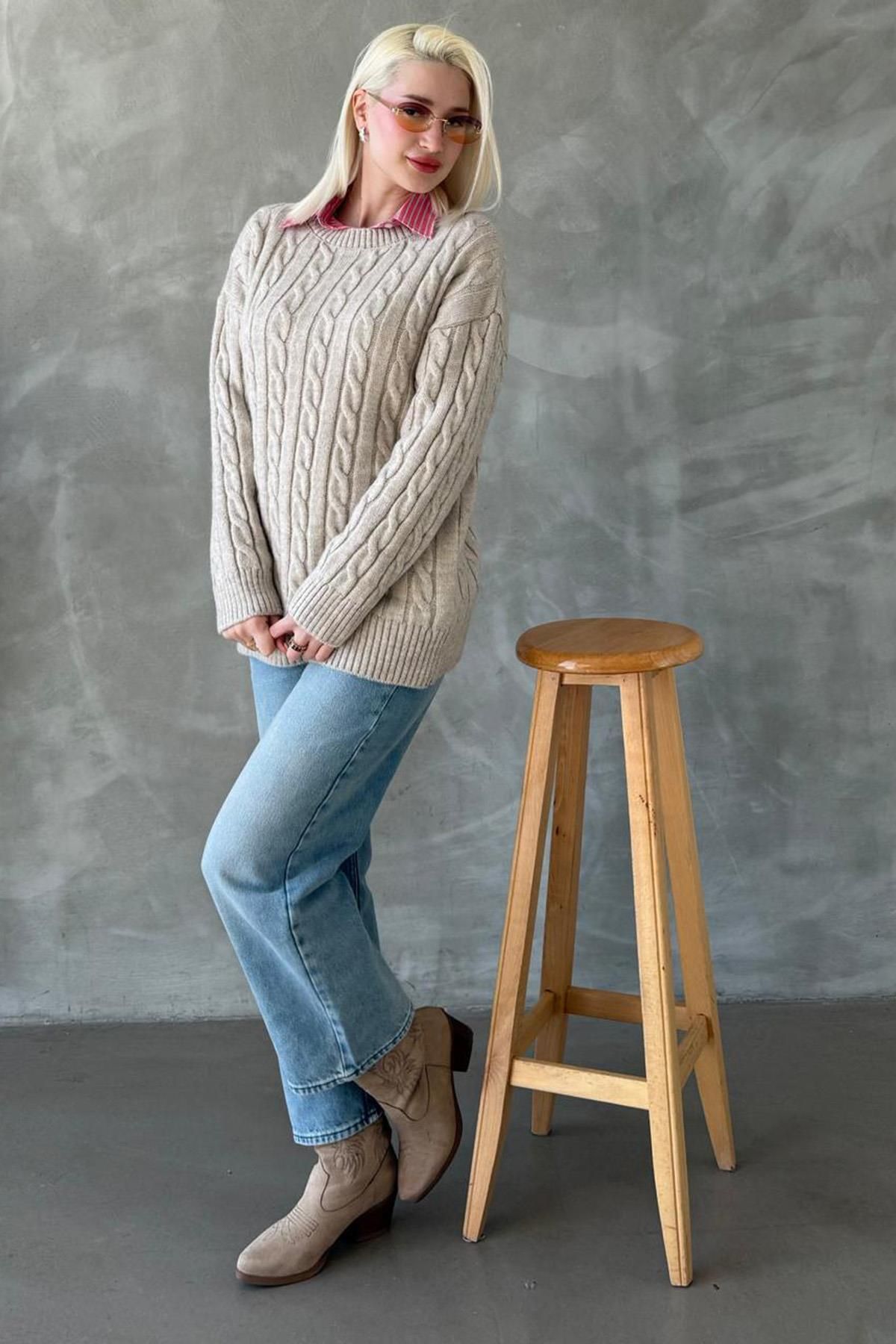 Madmext-Beige Crew Neck Braided Knitwear Sweater Mg2336 2