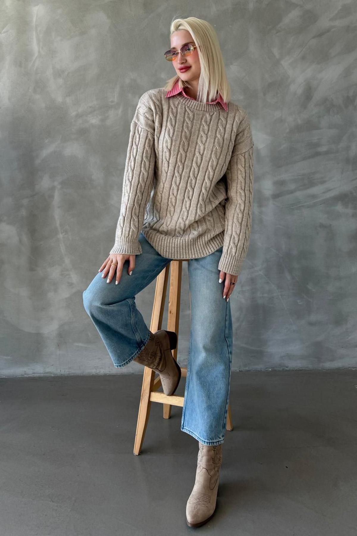 Madmext-Beige Crew Neck Braided Knitwear Sweater Mg2336 5