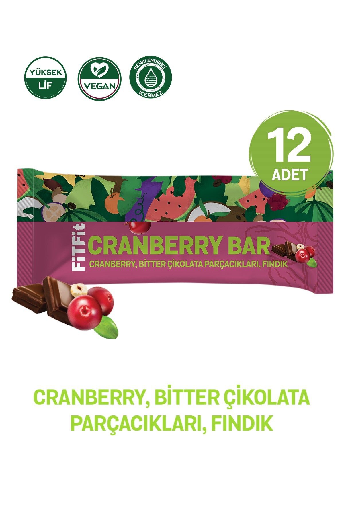 FitFit Cranberry Bitter Çikolata Parçacıklı Bar Glutensiz, Doğal ve Sağlıklı Atıştırmalık 35GR X 12