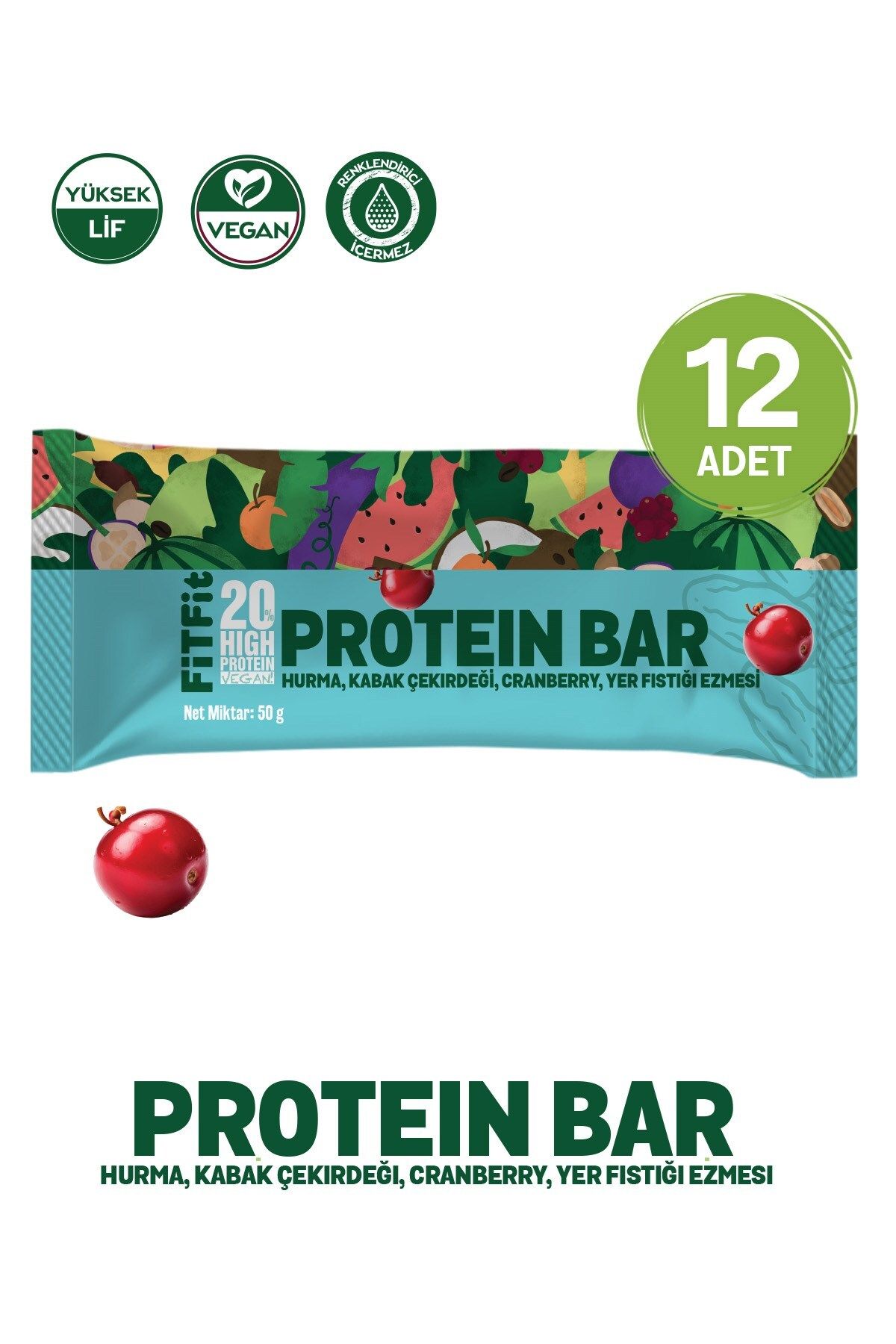 FitFit Protein Bar Yüksek Proteinli, Glutensiz, Doğal ve Sağlıklı Atıştırmalık 50GR X 12 ADET