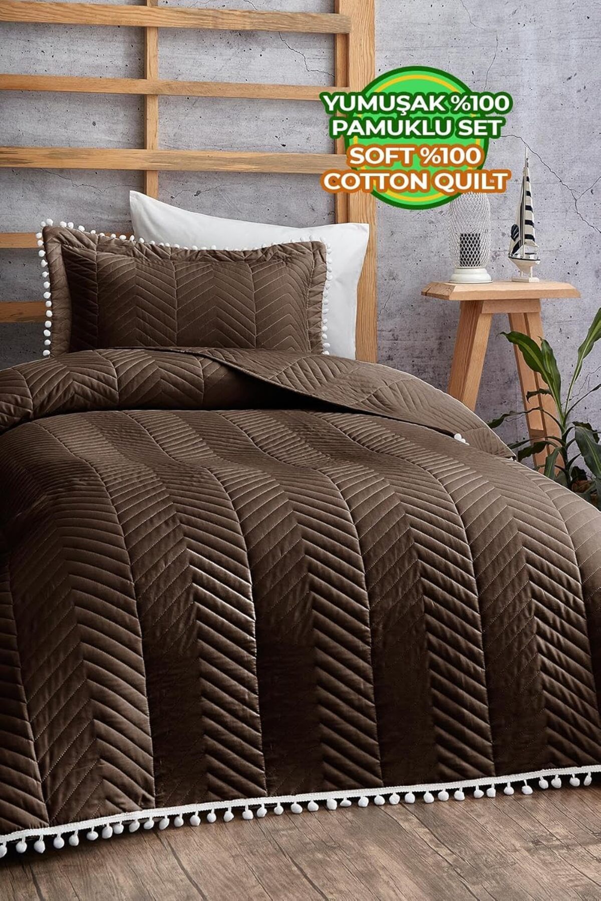 STOREMAX srhtDS Ponponlu Tek Kişilik Yatak Örtüsü Koyu Kahve Desing 266450