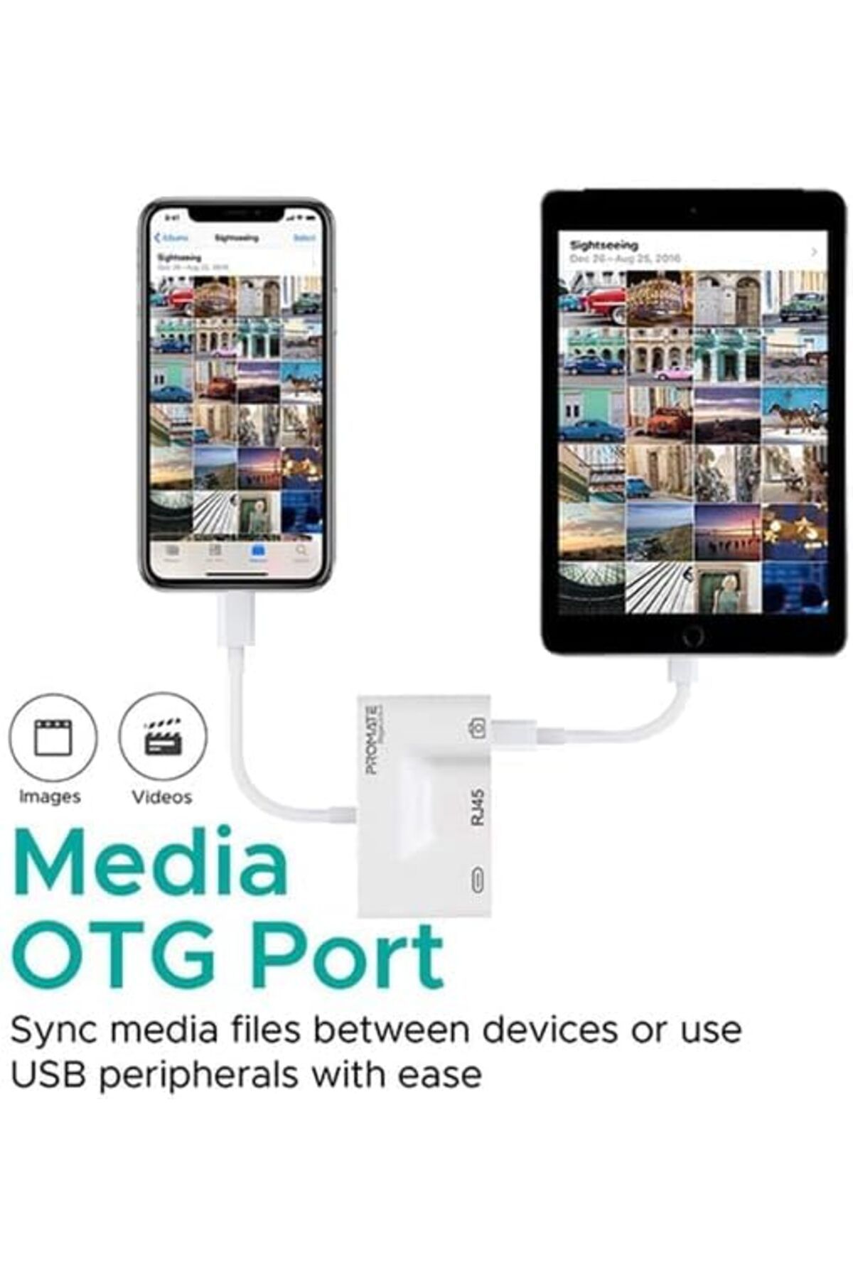 Promate-GigaLink-i.White OTG Lightning Hub, 3-in-1 Adapter with Ethernet & Charge for iPhone 5