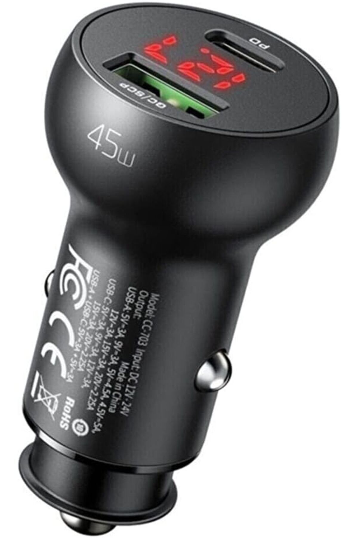 STOREMAX CC-7030 45W 1XType-c 1xUSB Girişli Dijital Göstergeli Araç Çakmak Şarjı- Siyah Star