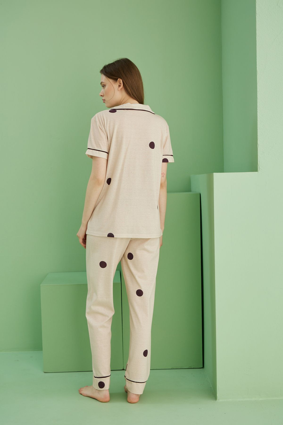 Siyah İnci-Mink Points Print Short Sleeve Button Trim Pajamas Suit7817 3