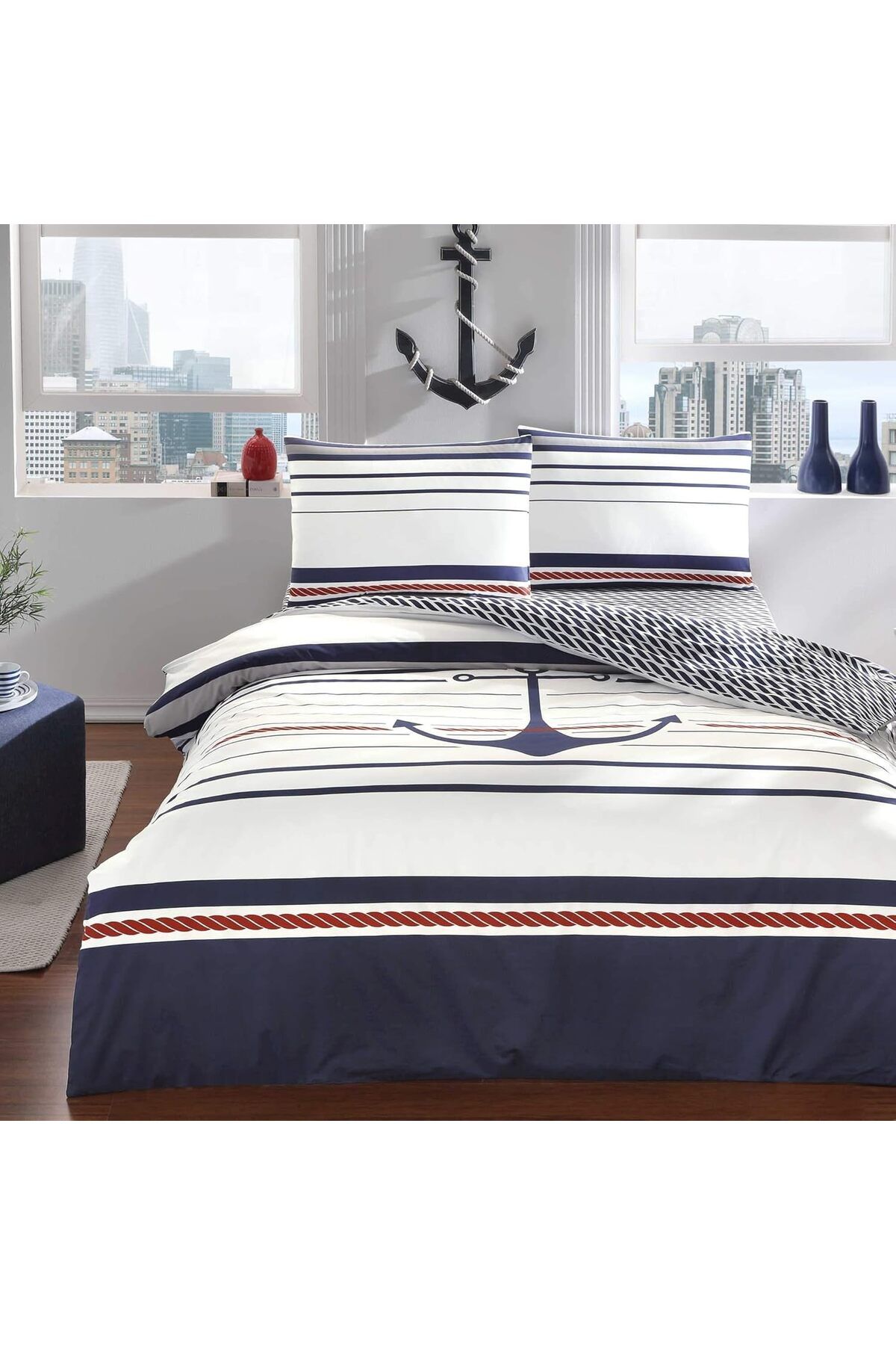 STOREMAX nffashopm Harbor Ranforce Marin Desenli%100 Pamuk Nevresim Takımı, Lacivert, Çift Kişilik stores