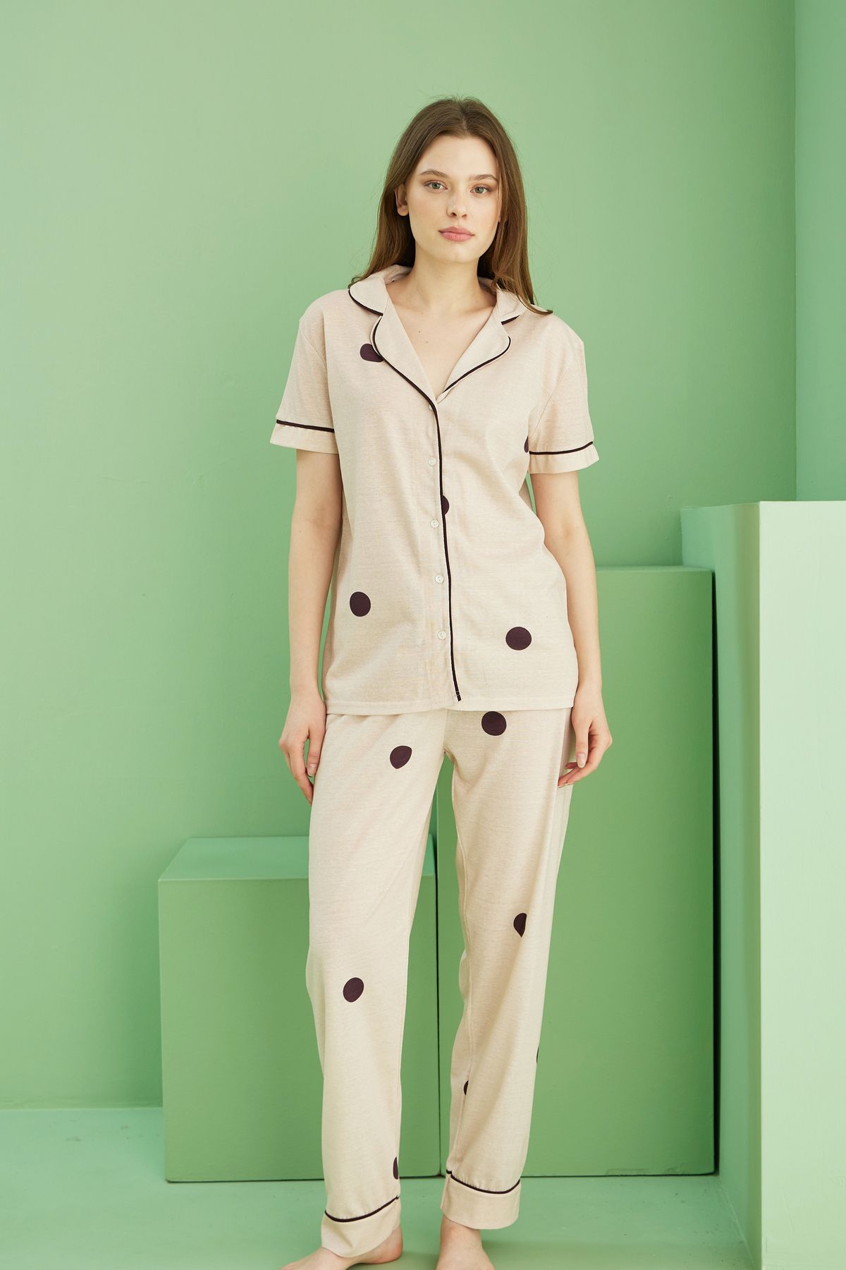 Siyah İnci-Mink Points Print Short Sleeve Button Trim Pajamas Suit7817 2