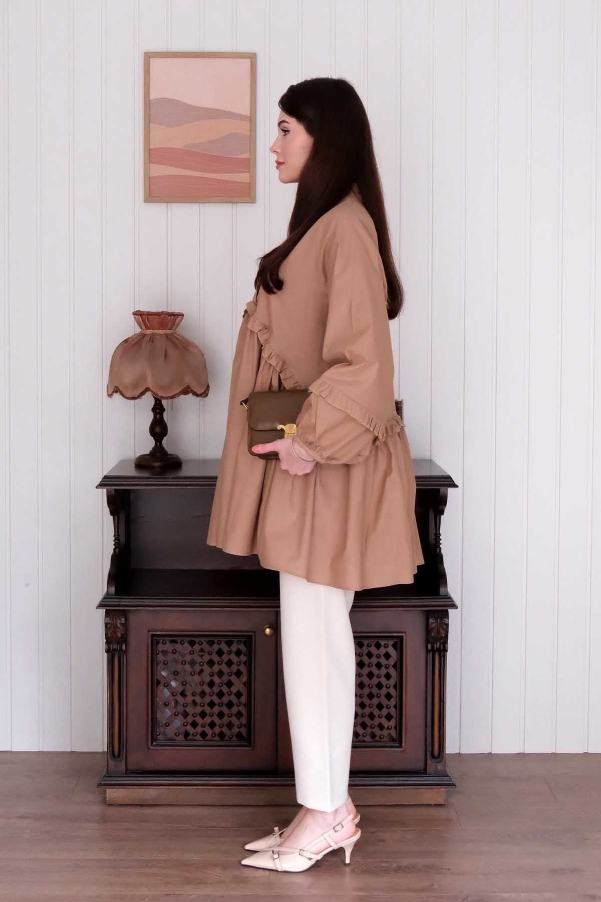 Ceylan Otantik-Caramel Pearl Detailed Robe Tunic & Cream Pipe Leg Trousers Set 8