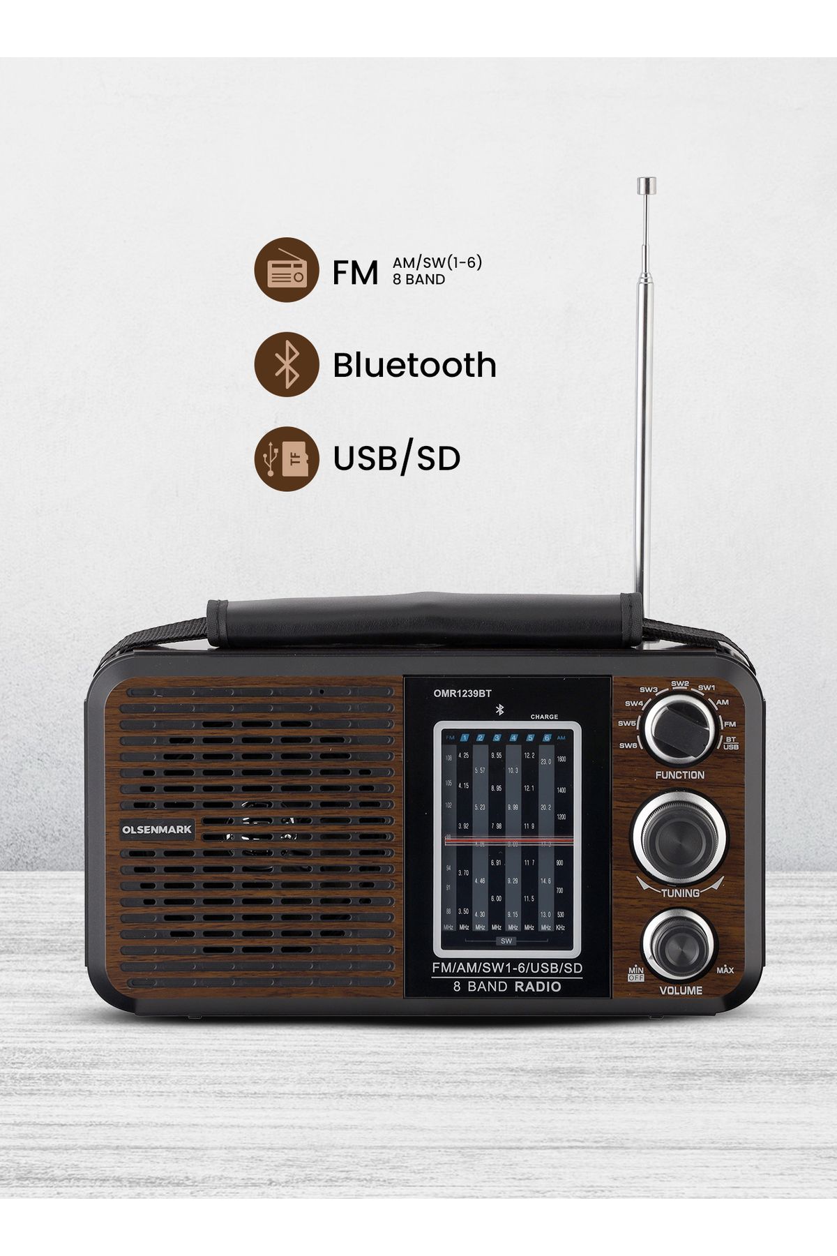 Olsenmark-Rechargeable Radio With Usb Omr1239bt Speaker Music Player Brown/black 2 Year Warranty 1