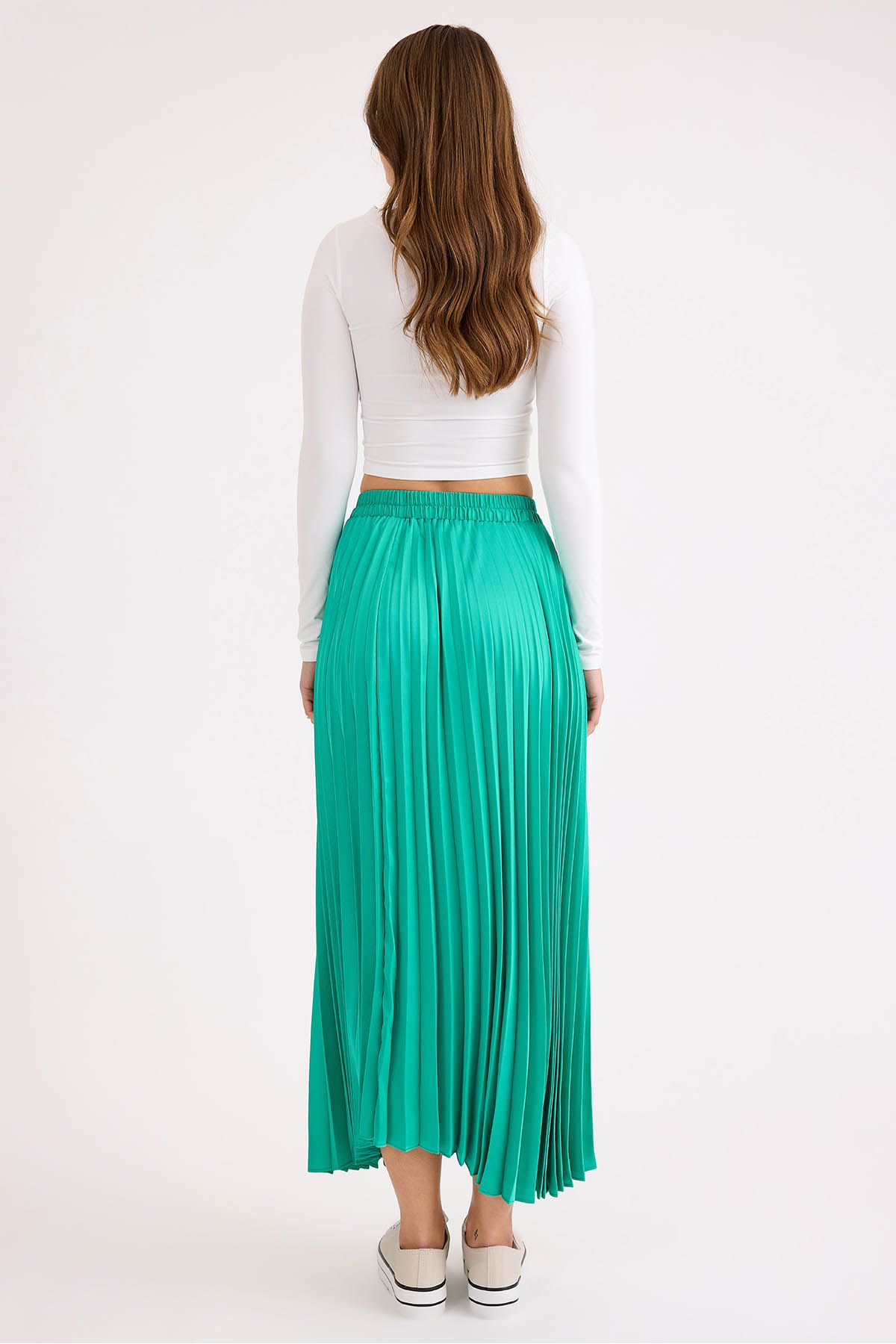 Vitrin-Pleated Midi Satin Skirt with Elastic Waist 5