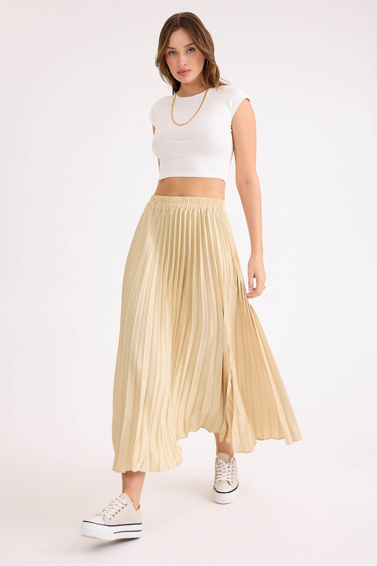Vitrin-Pleated Midi Satin Skirt with Elastic Waist 2