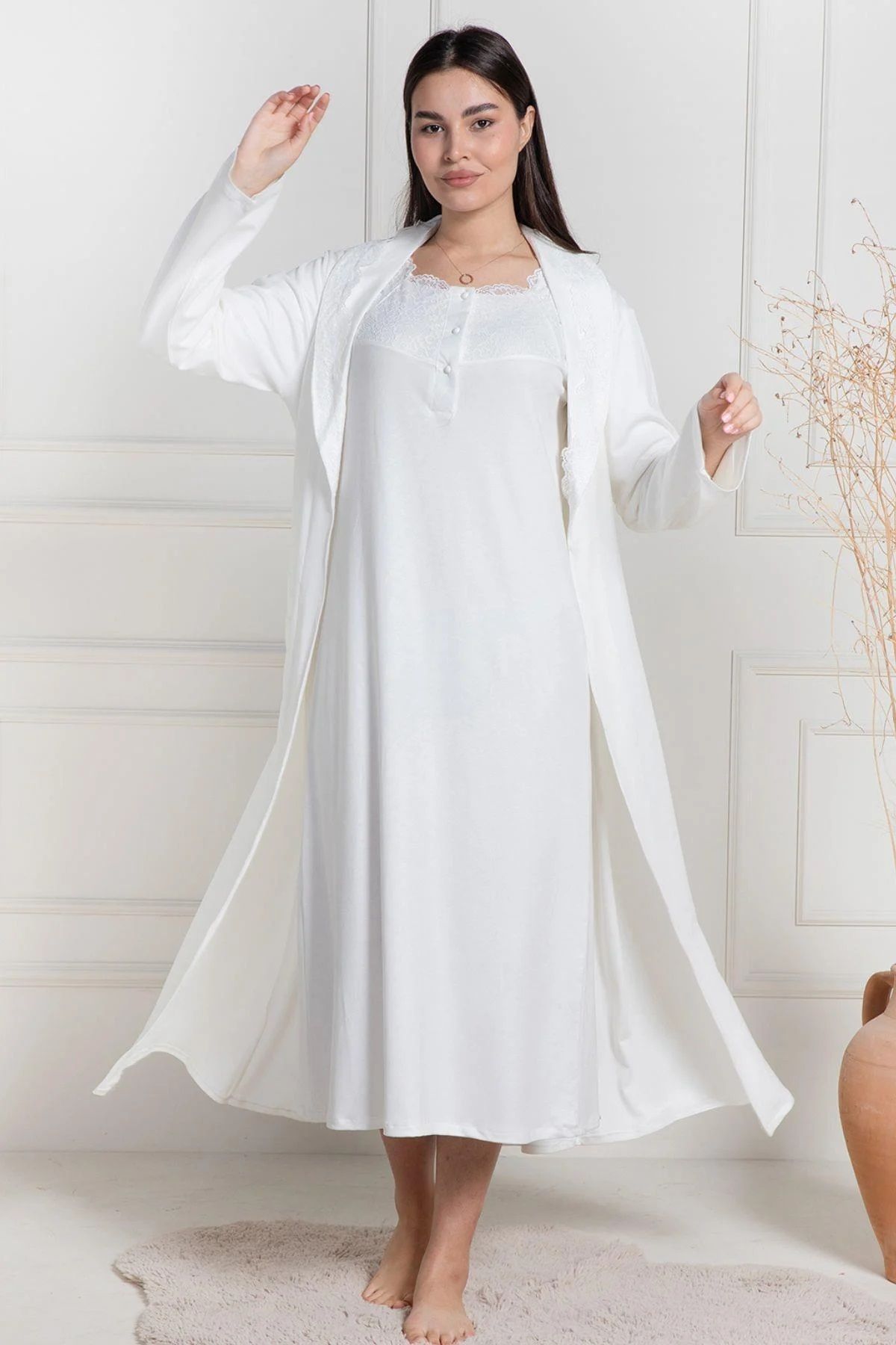 LOHOUSE-Women's Ecru Cotton Maternity Nightgown-Morning Gown Set of 2 2