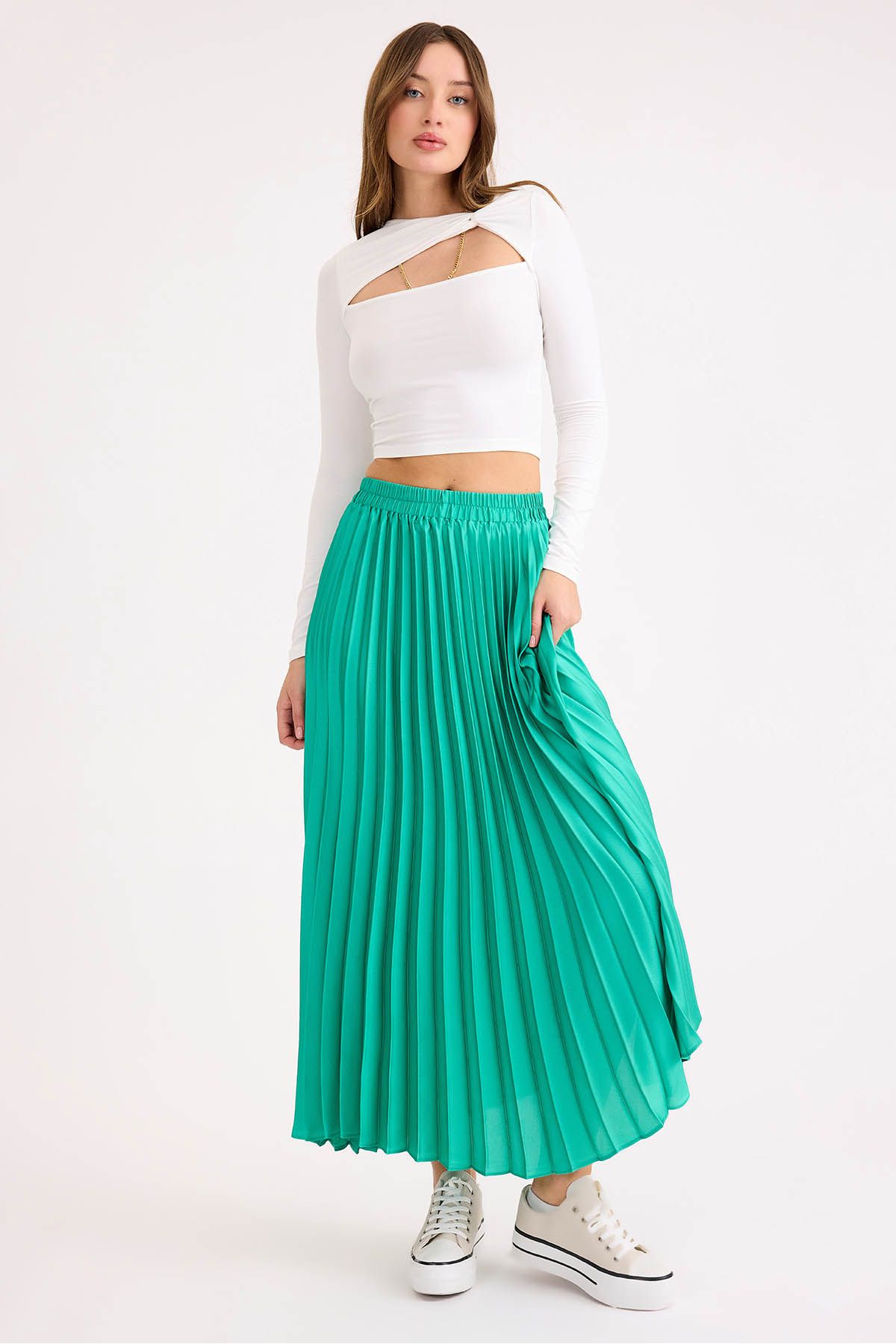 Vitrin-Pleated Midi Satin Skirt with Elastic Waist 3