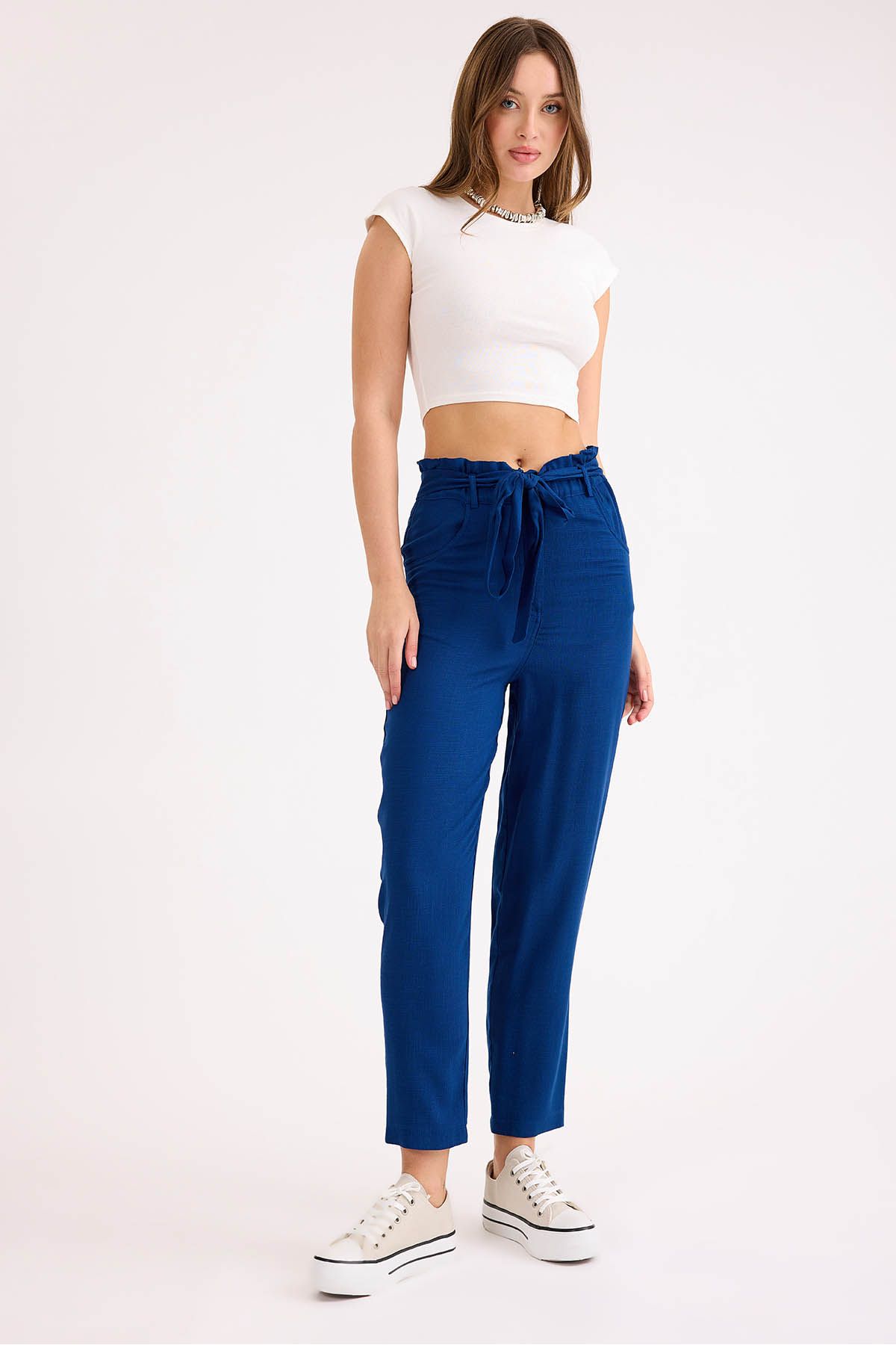 Vitrin-High Waist Belted Viscose Linen Trousers 2