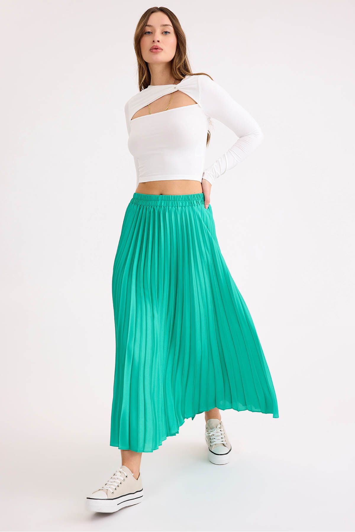 Vitrin-Pleated Midi Satin Skirt with Elastic Waist 2