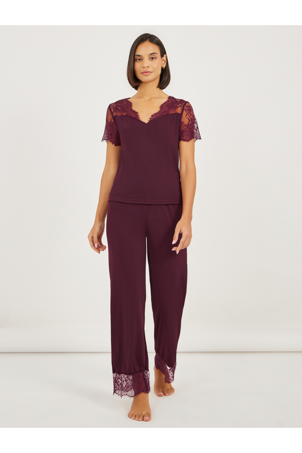 Styli Wide Lace Edge Detail Top and Pyjama Set