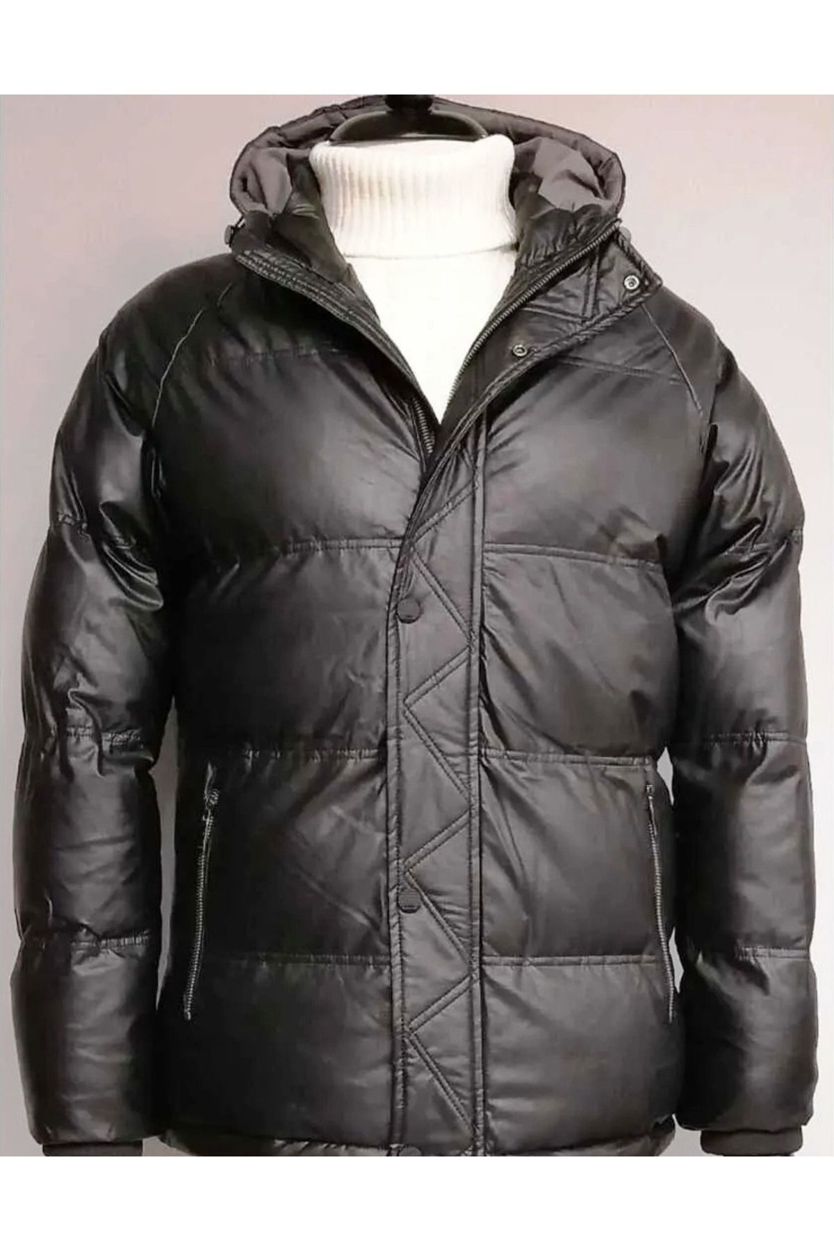 DYNAMO-Men's Black Fixed Hooded Faux Leather Puffer Coat 5