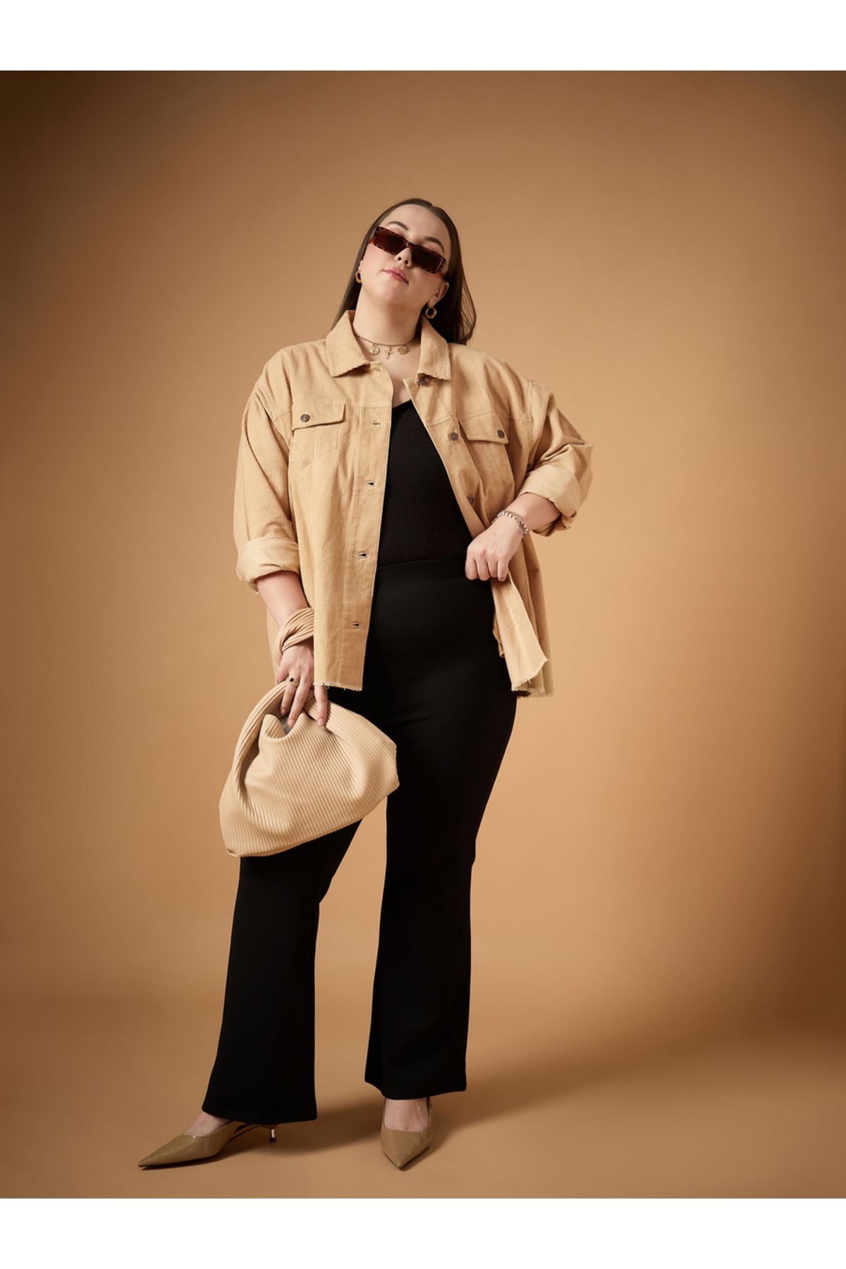 Sassafras By Styli-Plus Size Corduroy Front Button Shacket with Pocket Detail 6