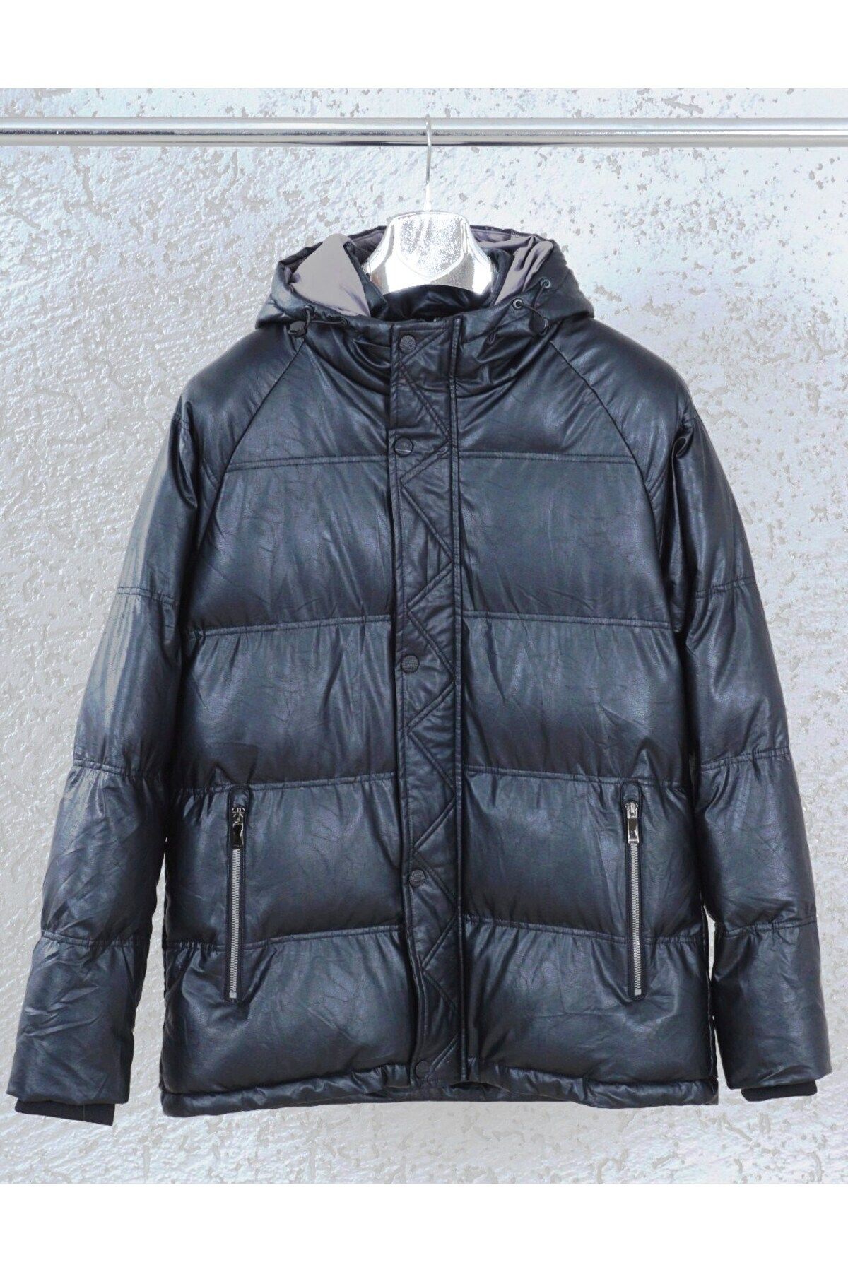 DYNAMO-Men's Black Fixed Hooded Faux Leather Puffer Coat 1