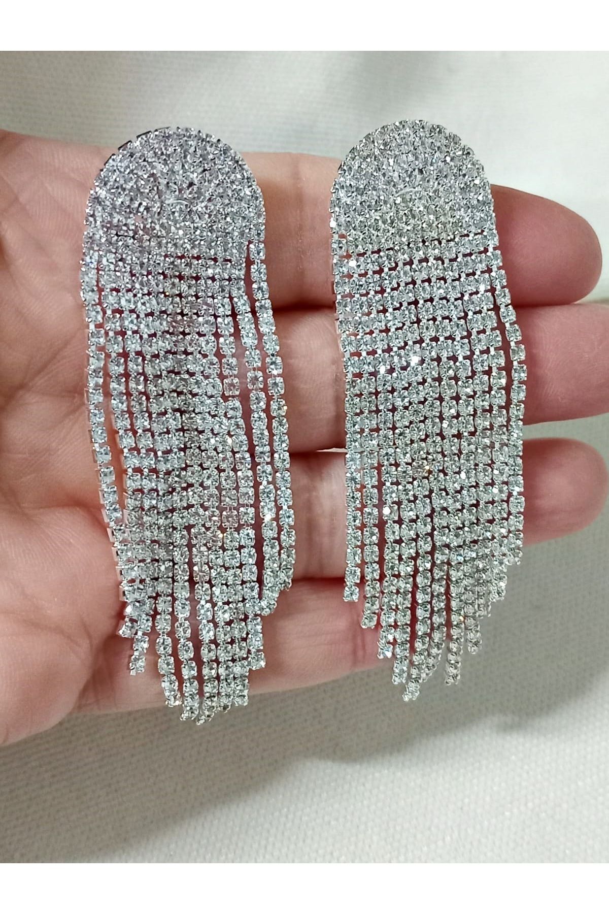 mos&more-White Stone Dangle Long Women's Evening Dress Earrings, Tassel Earrings 4