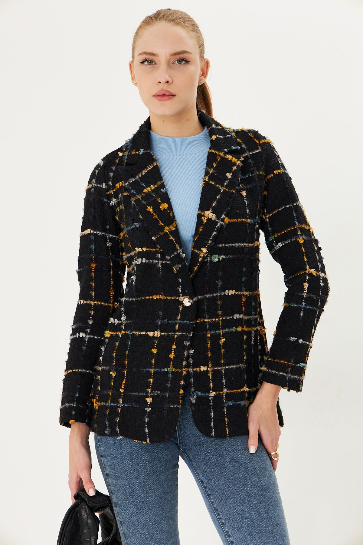 armonika-Jachetă de damă din țesătură tweed muștar cu un singur nasture ARM-25K 001042 2