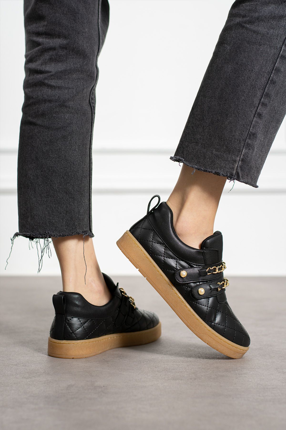 KOTAN-Pantofi negri pentru damă - pantofi sport cu velcro cu lanț confortabil și perle 2