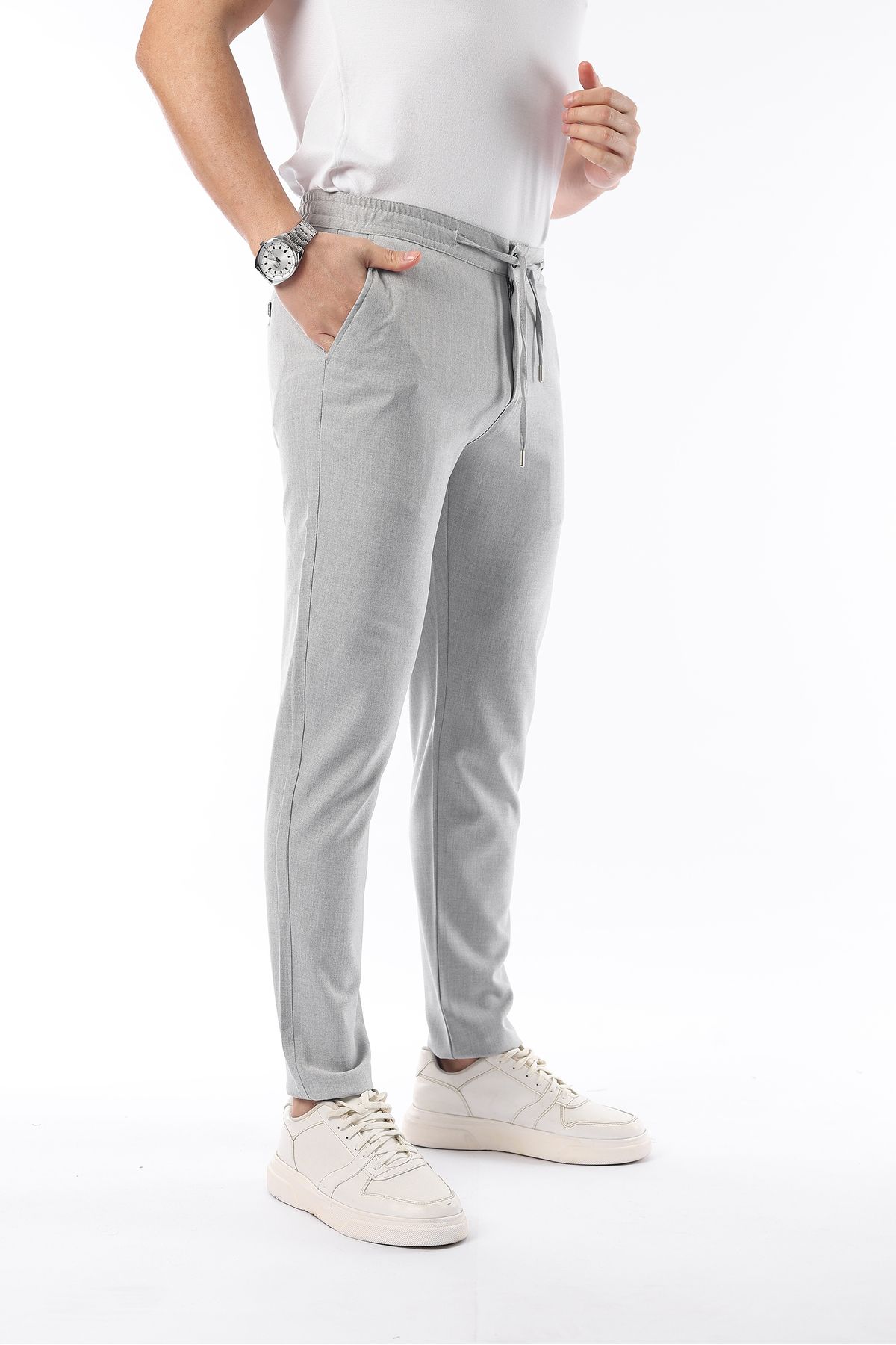 İDS COLLECTİON-Pantaloni pentru bărbați, gri deschis, cu tăietură jogger, cu talie elastică, din țesătură flexibilă Lycra Silimfit 4