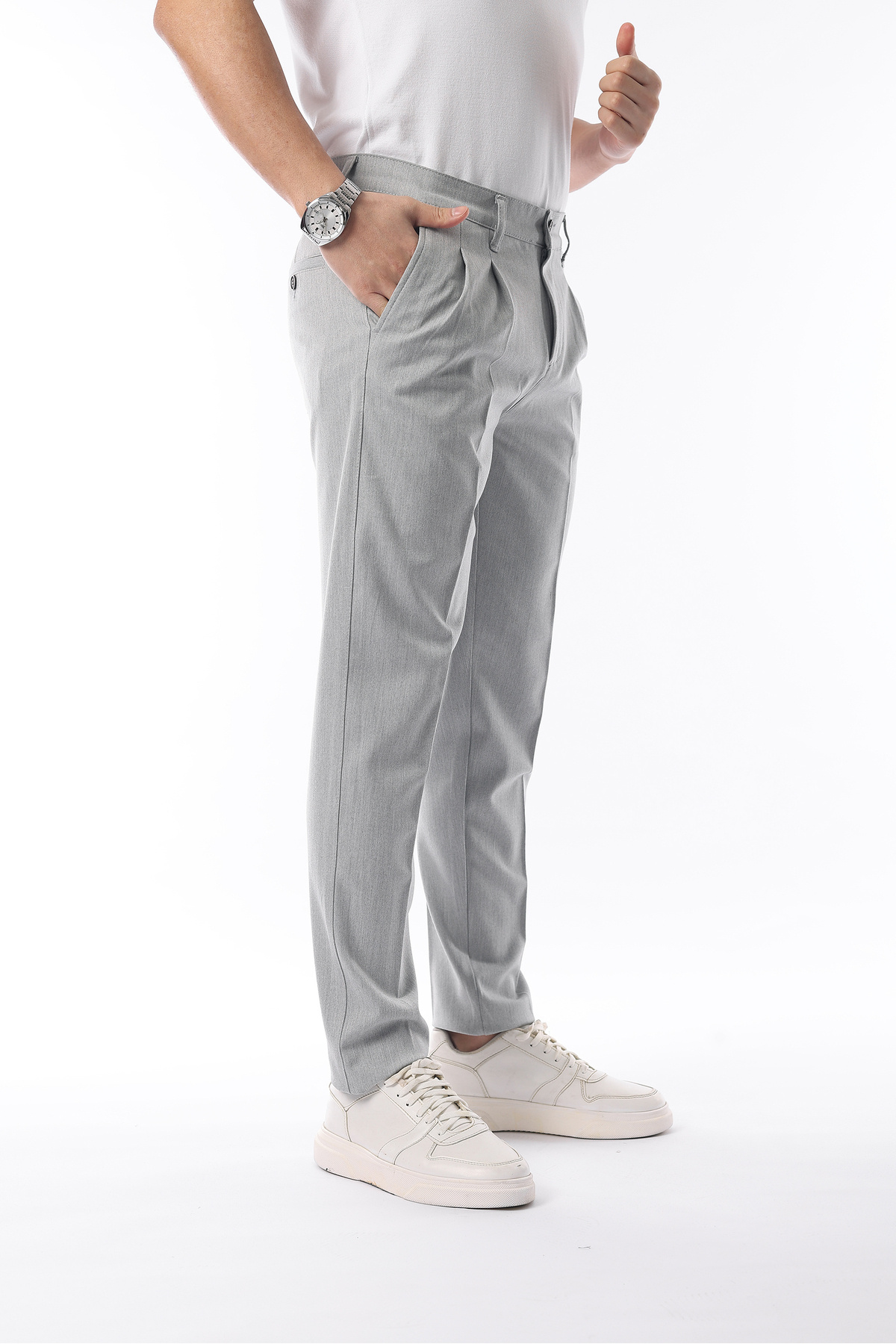 İDS COLLECTİON-Men's Pleated Winter Lycra Light Gray Fabric Trousers 5