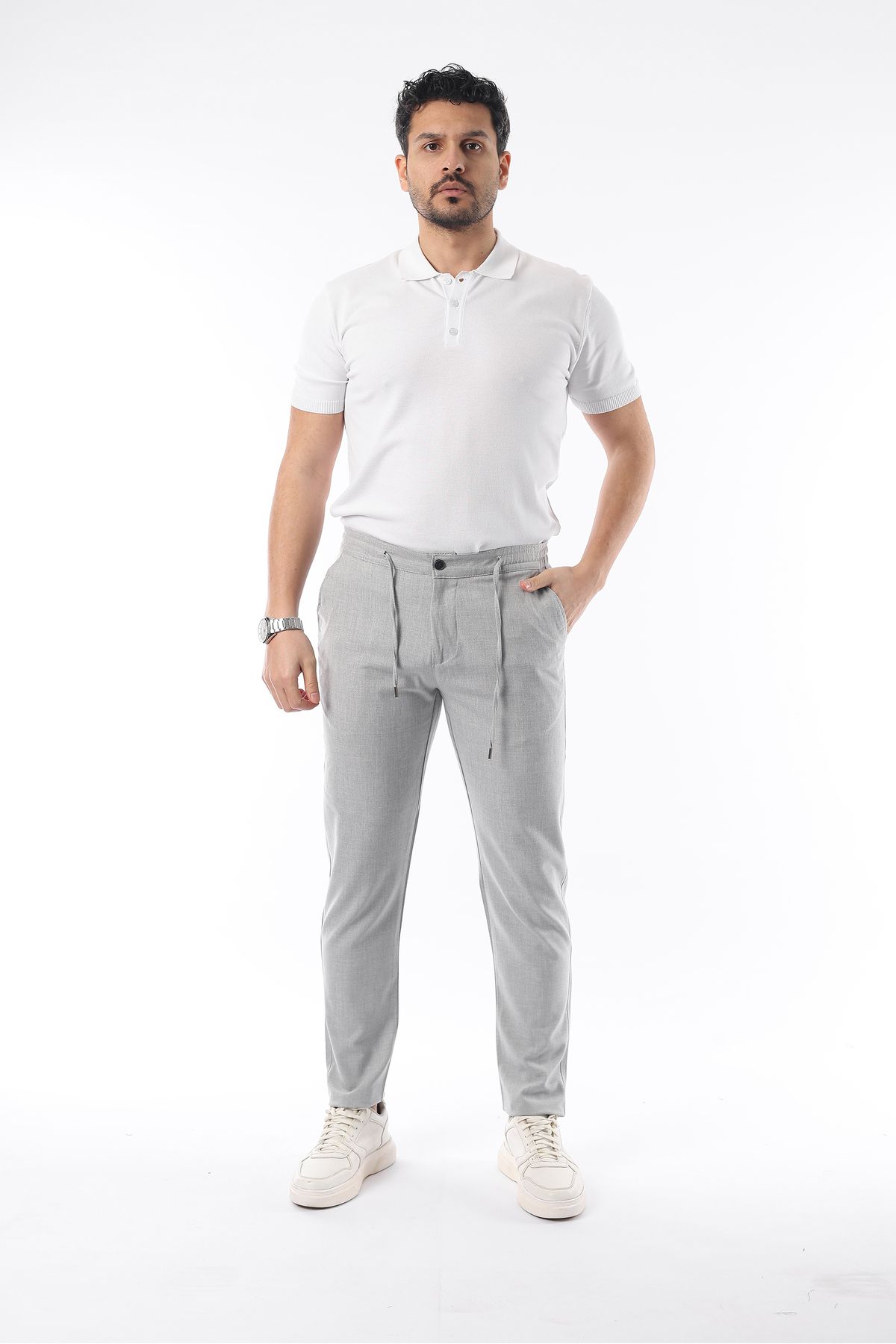 İDS COLLECTİON-Pantaloni pentru bărbați, gri deschis, cu tăietură jogger, cu talie elastică, din țesătură flexibilă Lycra Silimfit 3