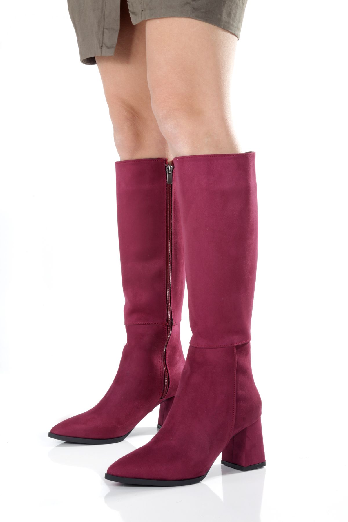 ÜNAL ÖZER-Women's Burgundy Suede Pointed Toe Thick Heeled Boots Un001-0132 2