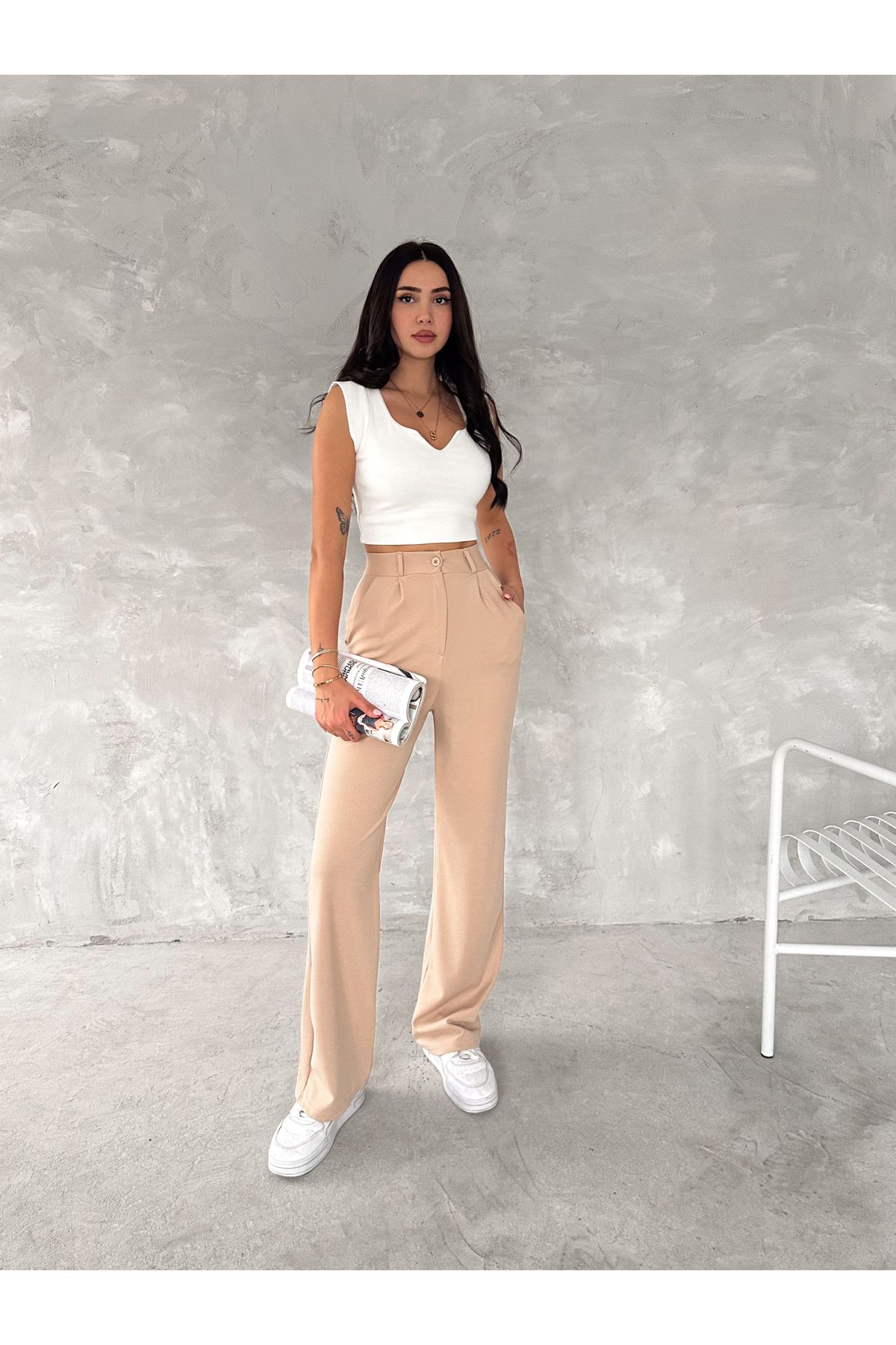 sportiness-High Waist Button Closure Lycra Pleated Palazzo Knitted Trousers 6