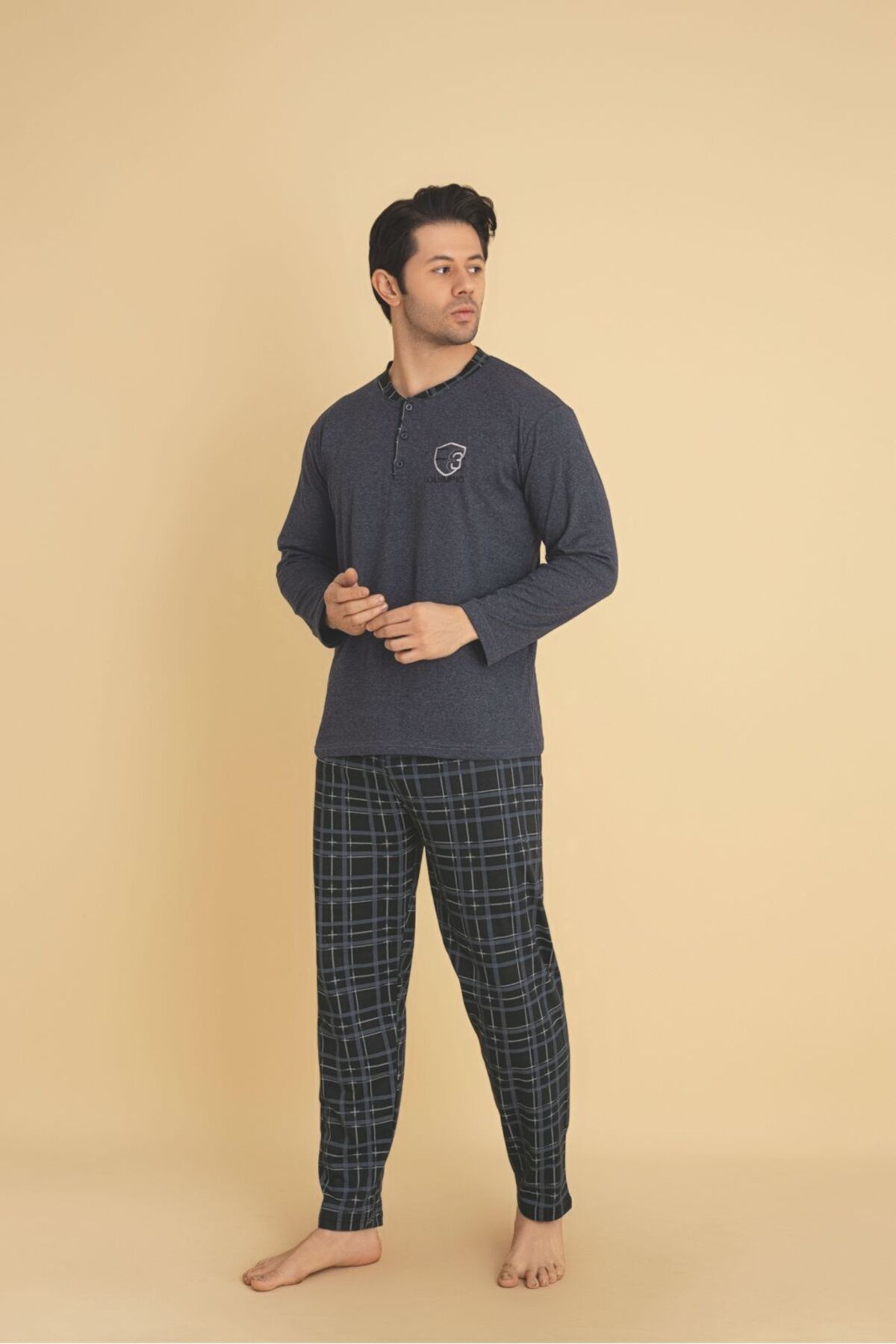 Sude HOMEWEAR-Ercan Men's Bottom Fraced Top Collar Buttoned Dark Gray Pjm Tkm 2